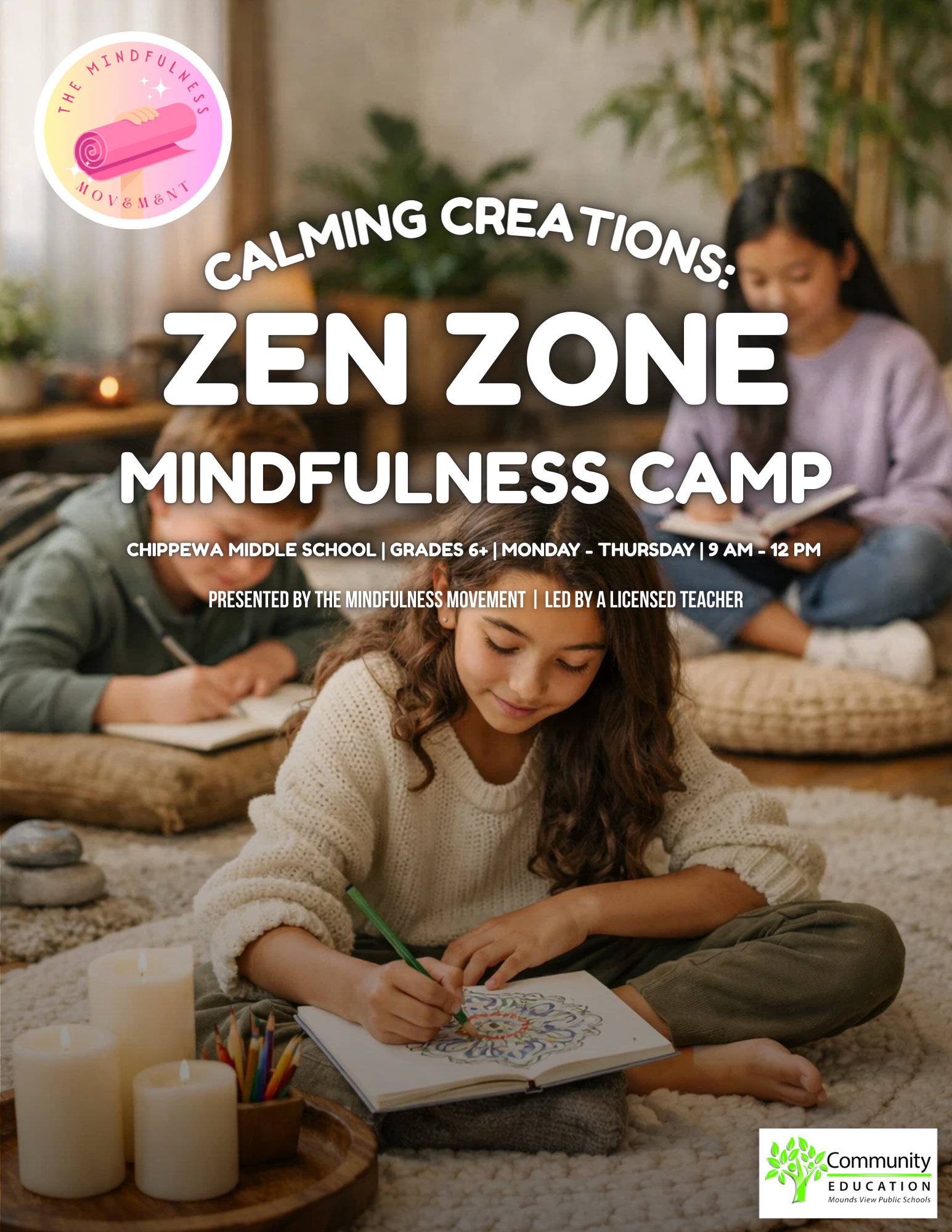 Middle school students creating calming crafts during a mindfulness-based summer camp in Minnesota, designed to reduce stress and support emotional wellness.