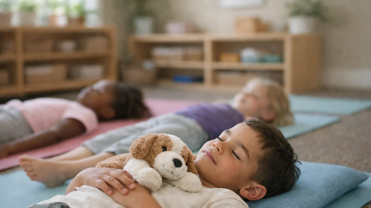 Children participating in a Pose & Play™ Puppy Yoga retreat in White Bear Lake, Minnesota.