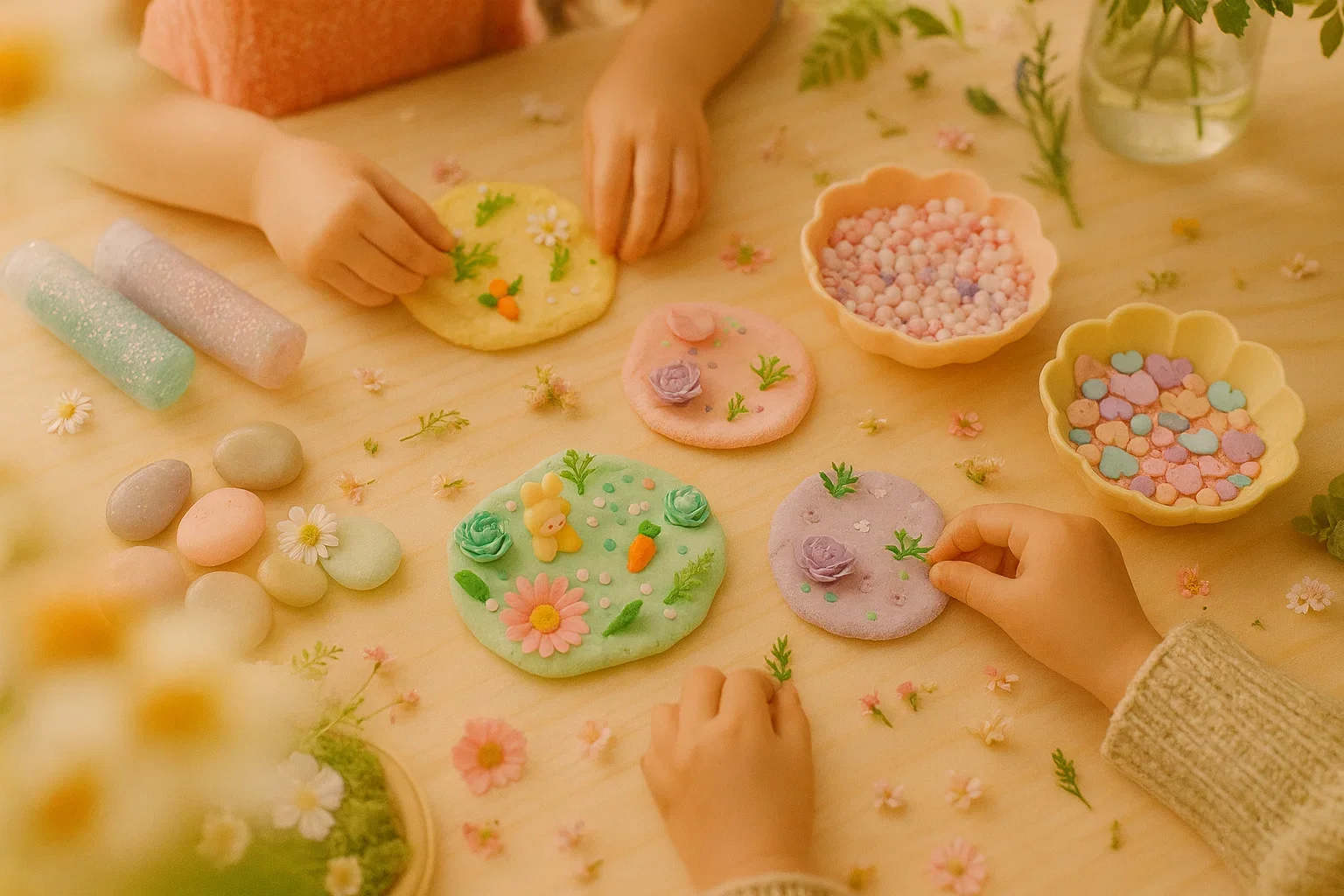 Spring Make and Take Calming Creations mindfulness class with kids using flower garden play dough in White Bear Lake MN