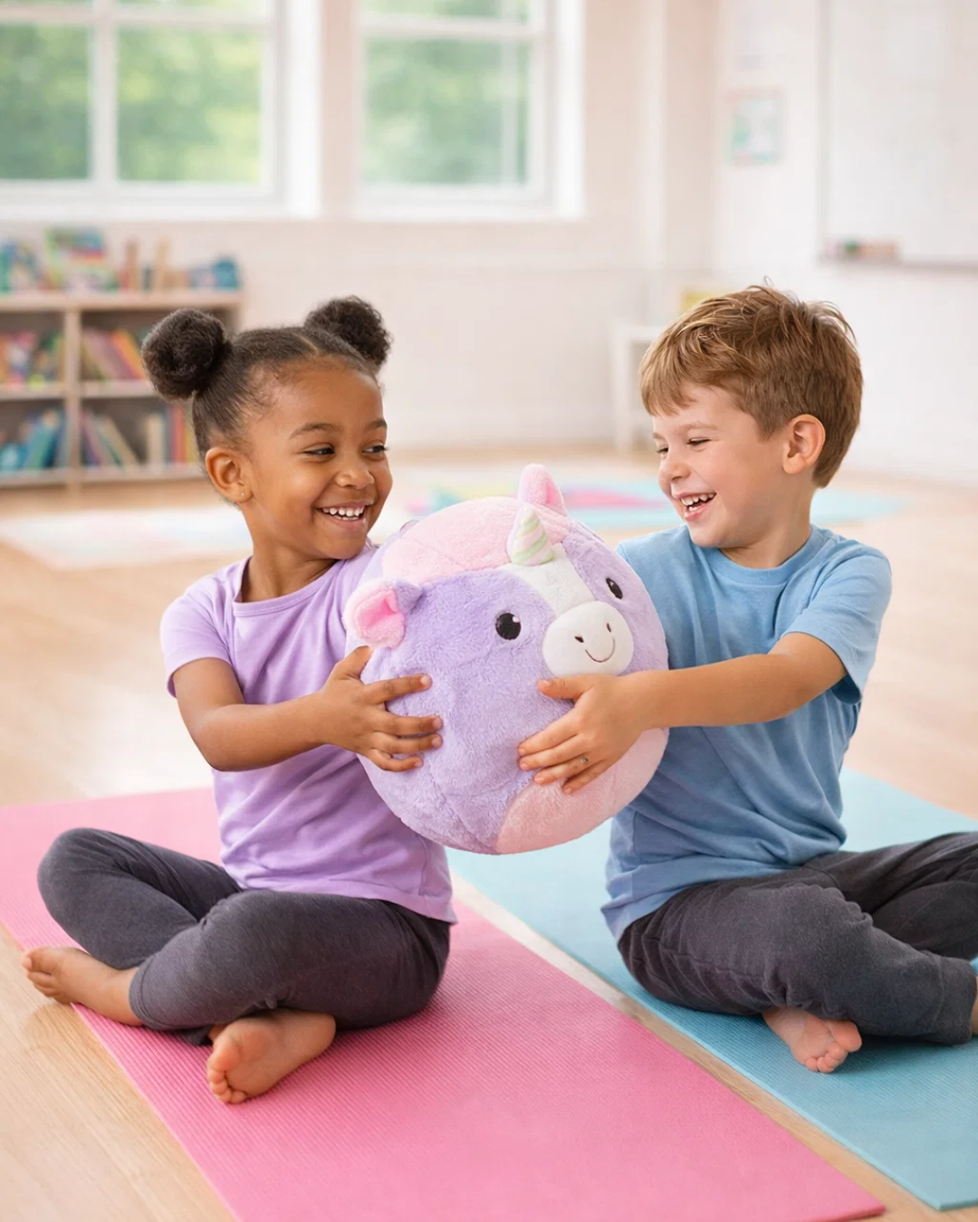 Children playing with a Squishmallow during a kids yoga retreat in the Twin Cities area of Minnesota.