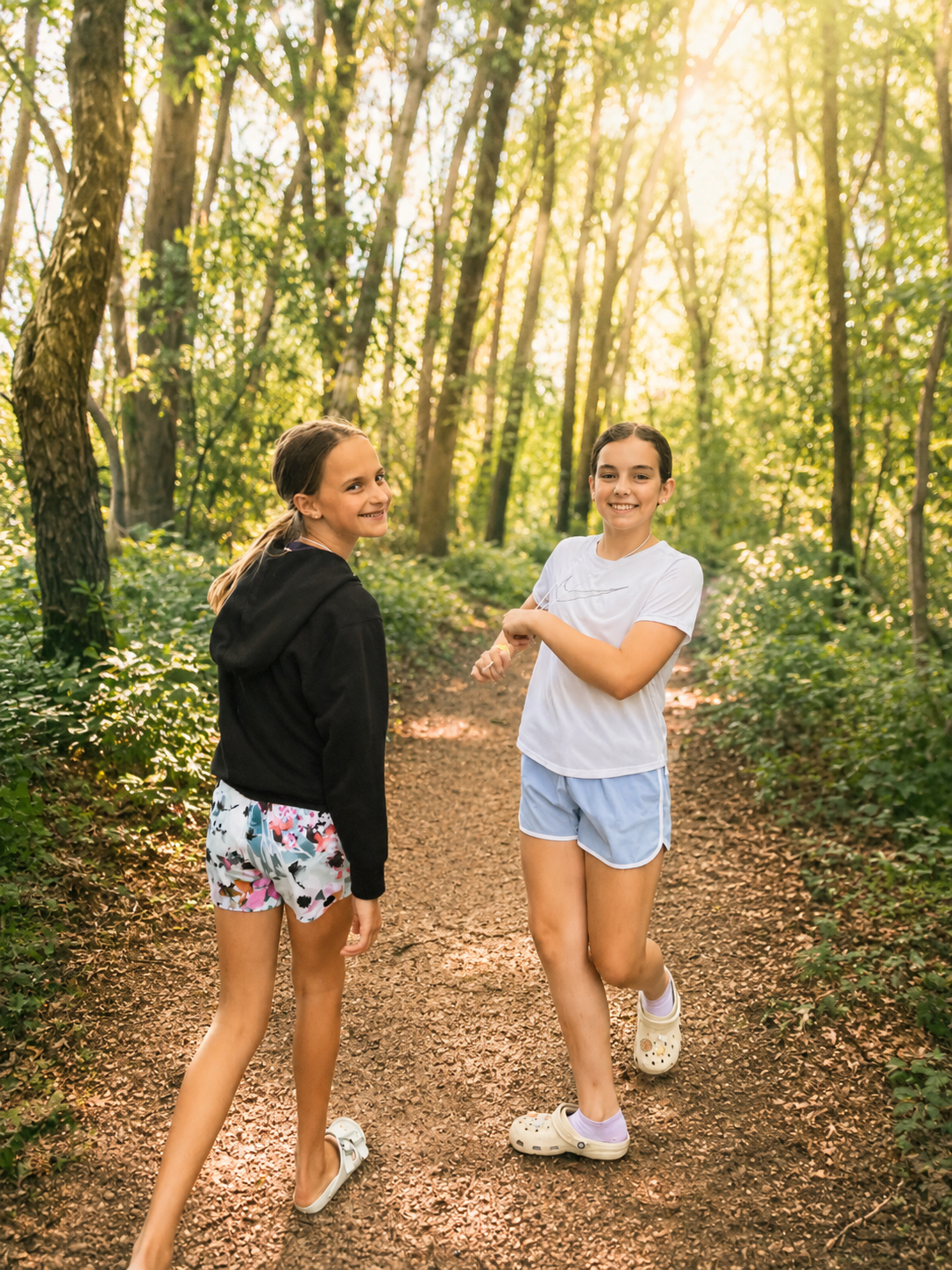 Two middle school girls smiling on a sunlit nature trail during an outdoor mindfulness activity at Zen Zone summer camp in Mounds View Minnesota
