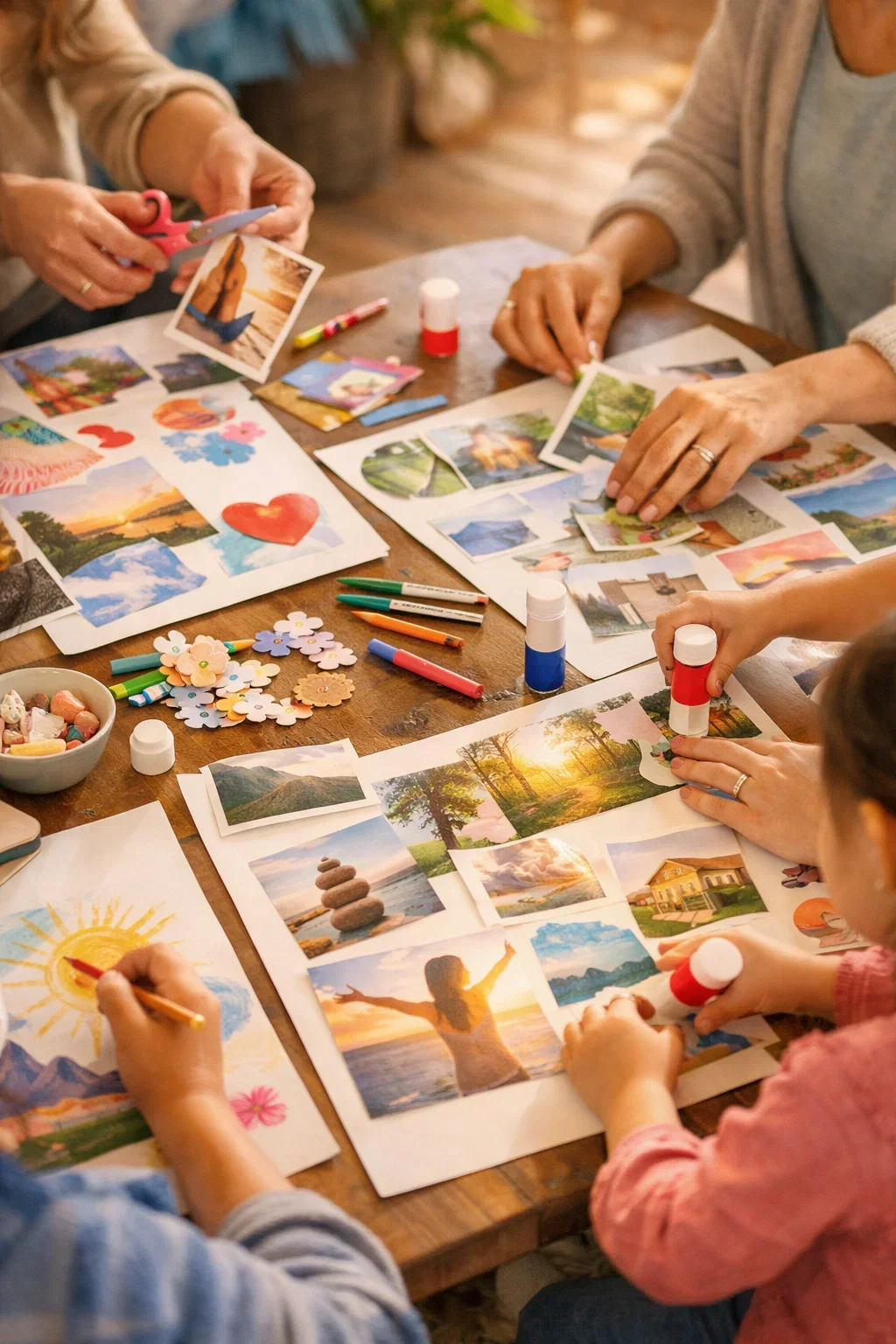 Close-up of children and parents creating vision boards with art supplies during a kids and family mindfulness workshop focused on goal setting and creativity.