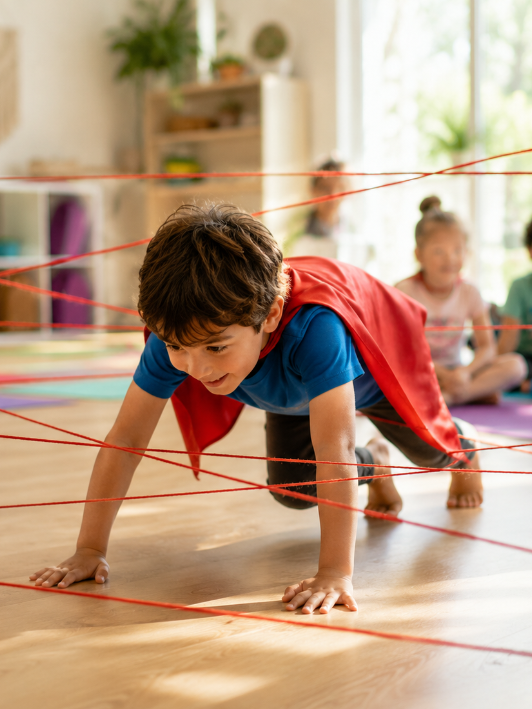 Boy in a superhero cape navigating a red string laser web obstacle course during Superpower Kids Camp™ — a kids yoga and mindfulness camp in New Brighton, MN
