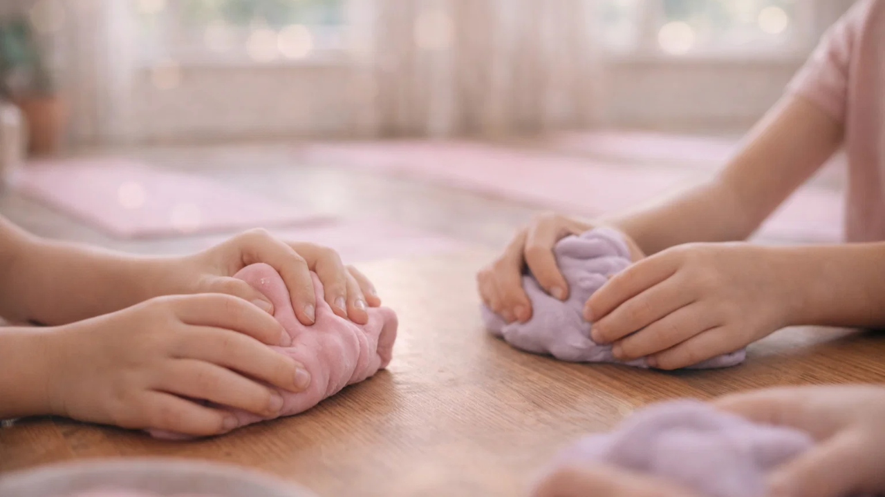 Close-up of children’s hands creating calming zen doh during a mindful movement summer camp for kids ages 6–10 in a small-group studio setting in Minnesota.