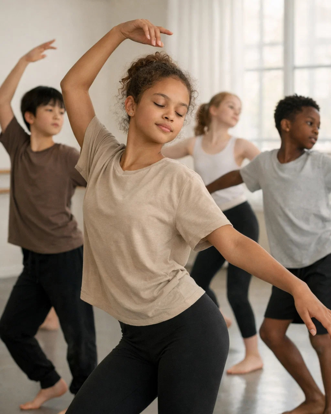 Tweens ages 9–13 practicing expressive movement and building confidence during small-group summer camp in Roseville MN.