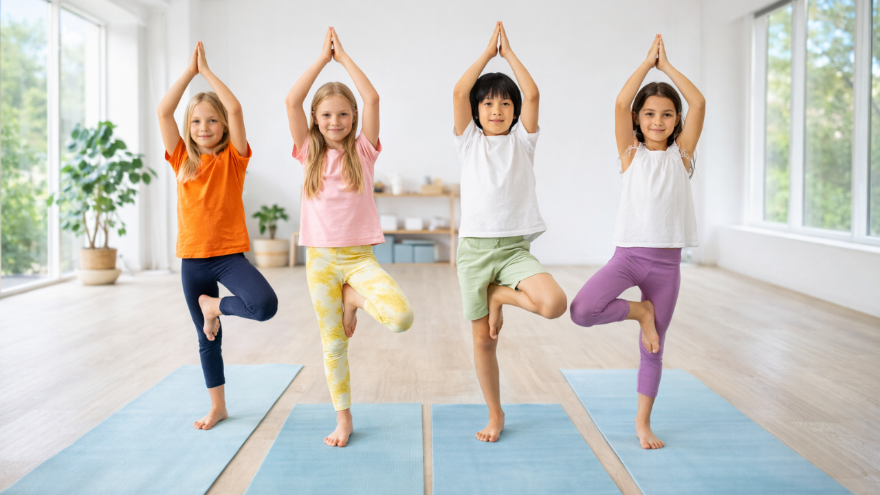 Elementary school children practicing tree pose during a kids yoga and mindfulness class in a bright studio in New Brighton Minnesota