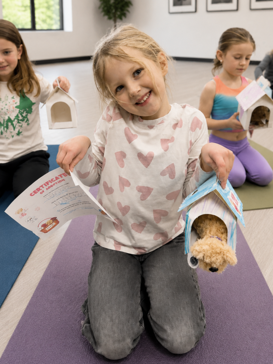 Children practicing puppy-themed yoga and mindfulness activities during Puppy Yoga non-school day camp in Minnesota