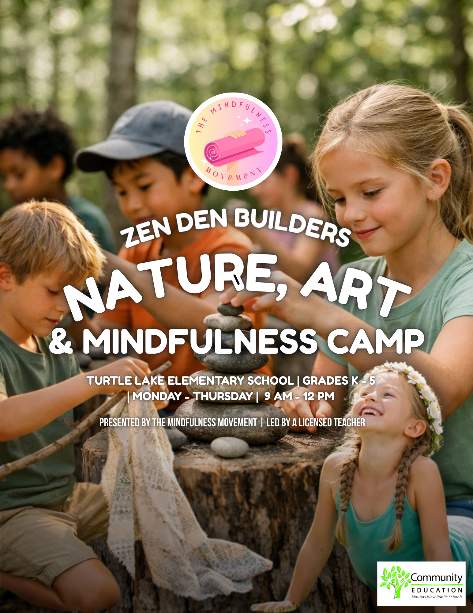 Elementary-aged children participating in a nature-based mindfulness summer camp in Minnesota, creating zen gardens with stones and natural materials during an outdoor kids summer camp in the Twin Cities.