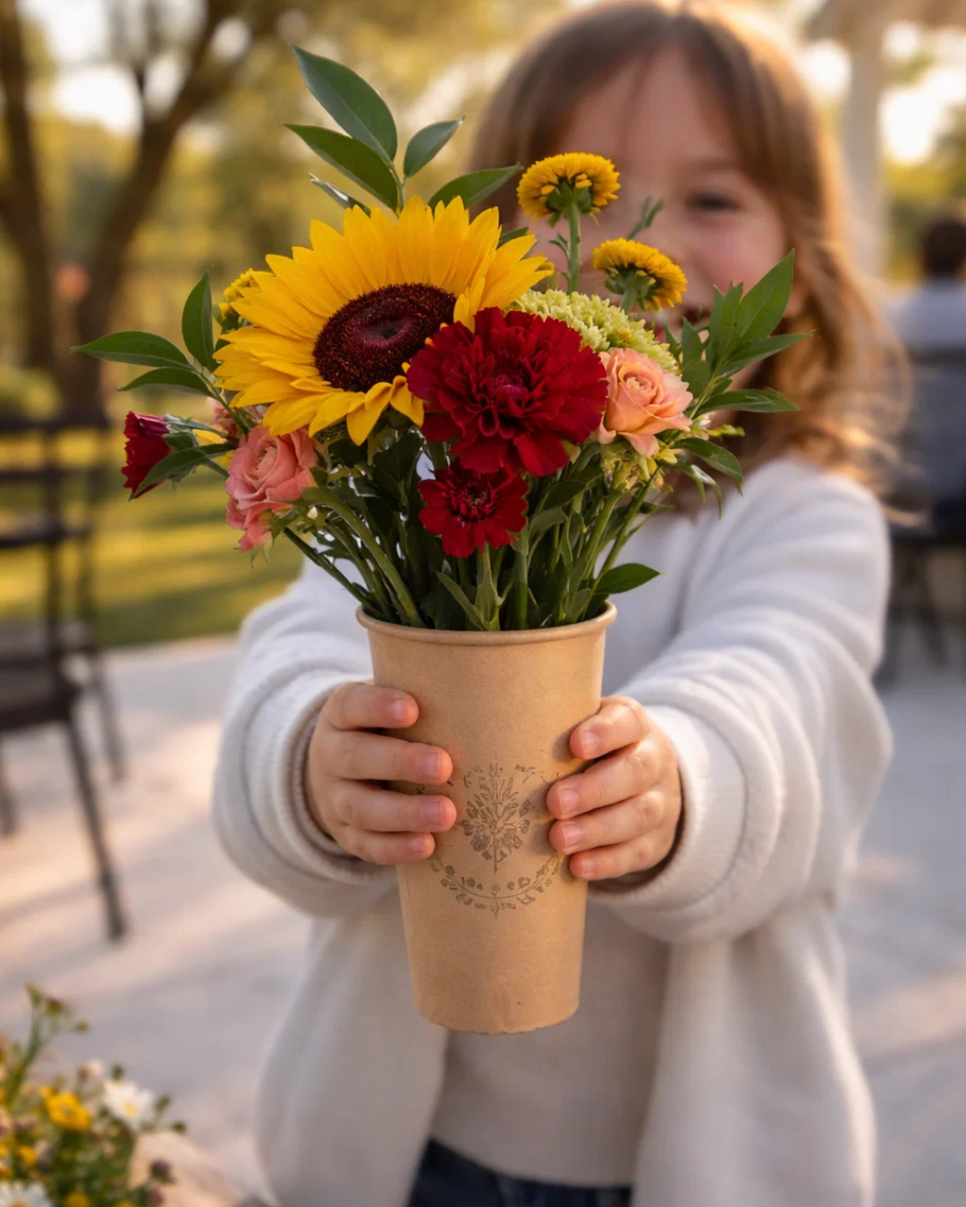 Child holding a custom flower bouquet created at a Mother’s Day family yoga and bloom bar workshop in Minnesota