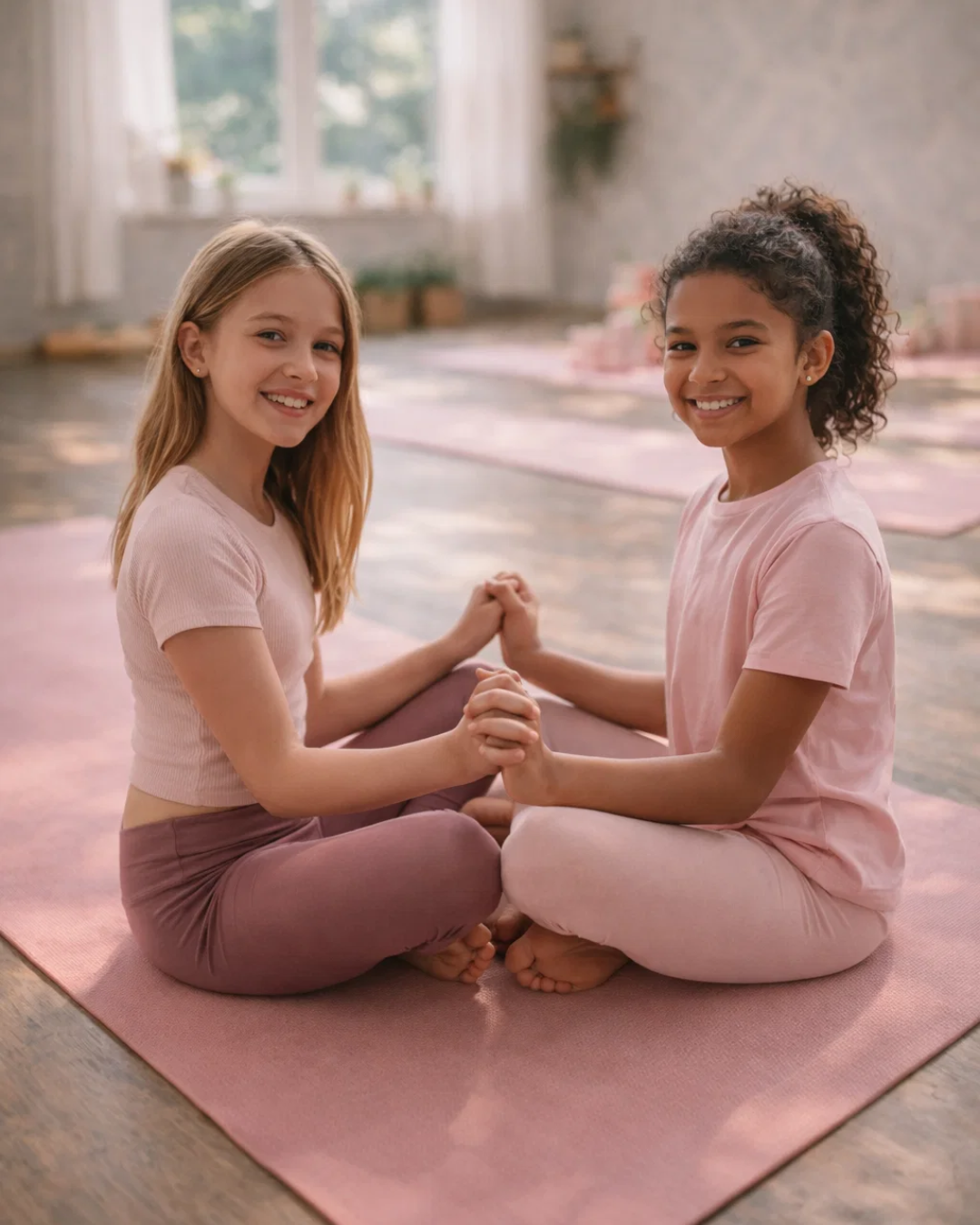 Tween girls practicing partner yoga during Confidence in Motion boutique wellness and confidence summer camp in the Twin Cities Minnesota studio setting.