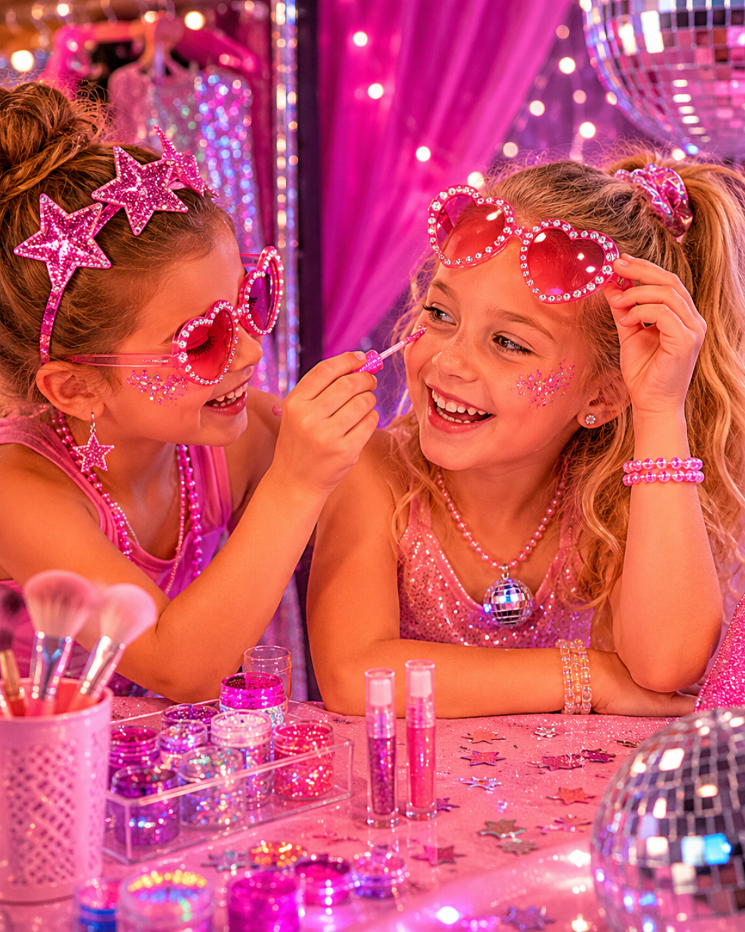 Two girls laughing while applying face gems and glitter at a self-expression craft activity at Pop Star Power kids summer camp Minnesota