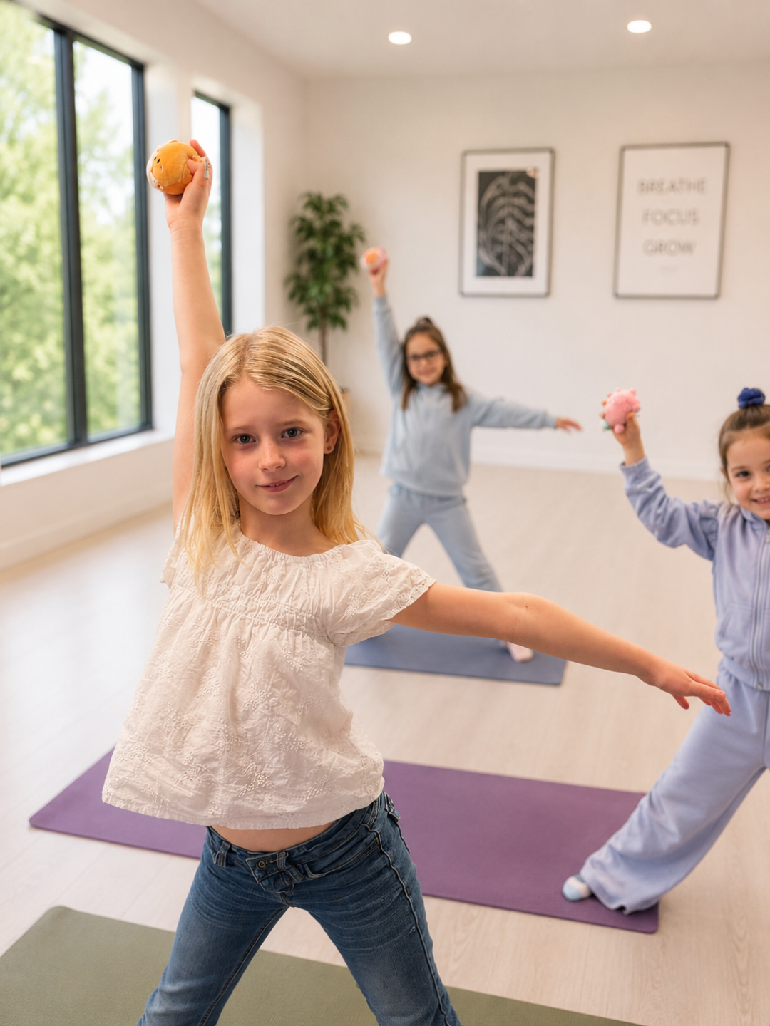 Kids doing yoga poses with Squishmallows during a Pose & Play™ Squishmallow Yoga camp at New Brighton Community Center, Minnesota
