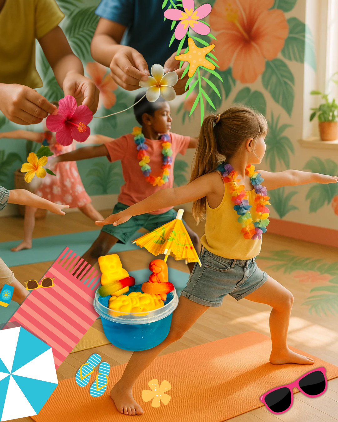 Children enjoying tropical-themed yoga, mindfulness, and creative activities during a non-school day mindfulness retreat in Minnesota