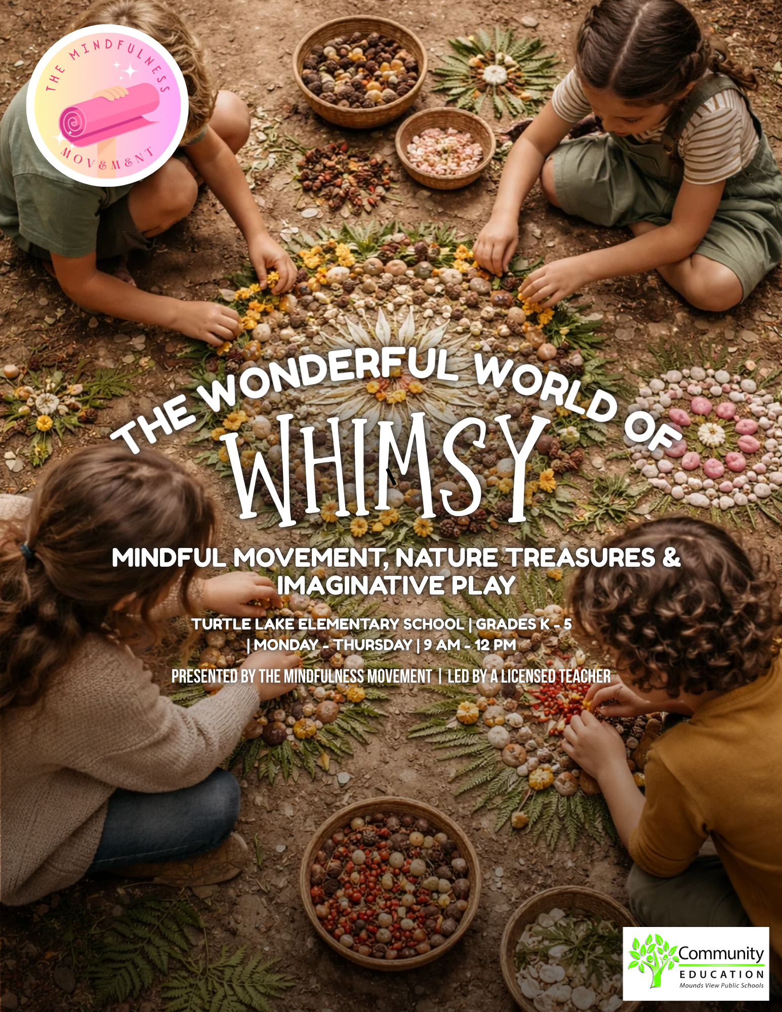 Creative mindfulness activity at a Twin Cities kids summer camp where children design nature mandalas and practice calm focus through hands-on play.