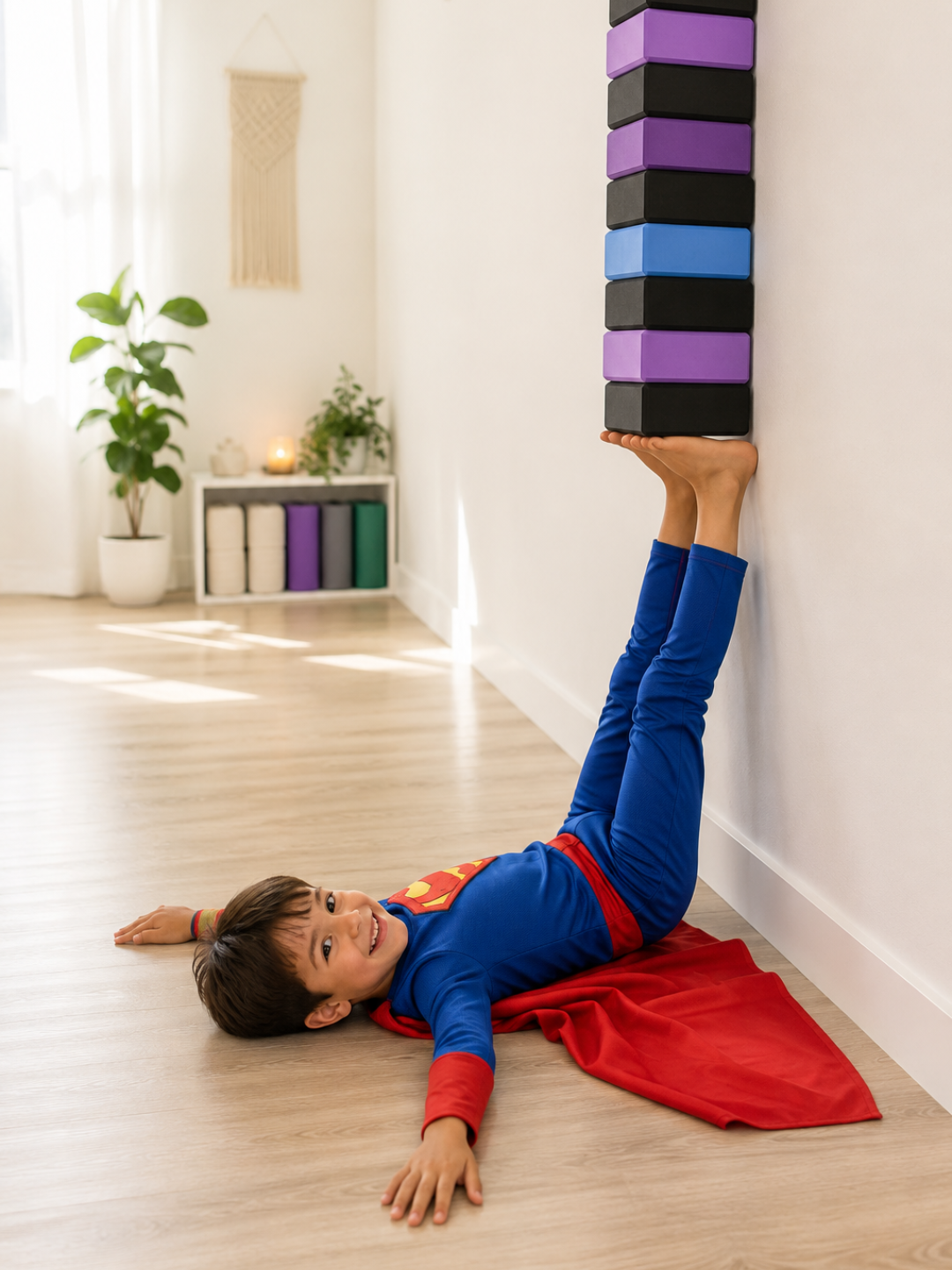 Boy in a Superman costume doing a legs-up-the-wall yoga pose at Superpower Kids Camp™ — a kids yoga and mindfulness retreat at New Brighton Community Center, MN