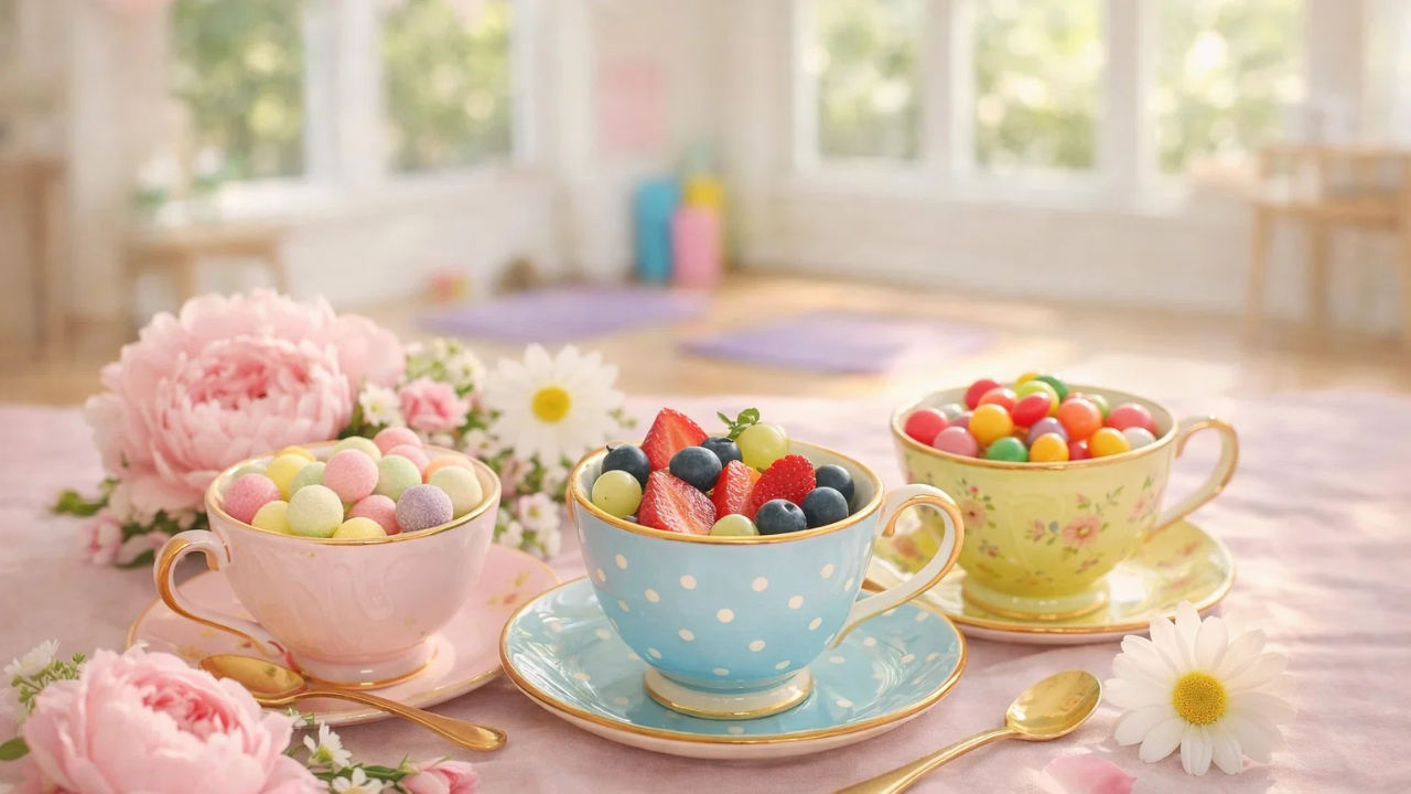 Pastel tea cups and flowers styled for a Teddy Bear Tea Party themed kids yoga retreat encouraging families to reserve their child’s spot.