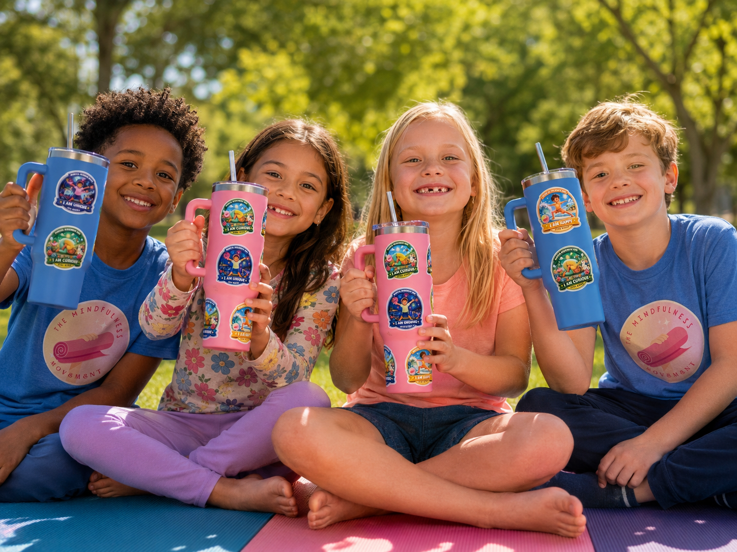 Four children proudly holding Mindful Movement Kids yoga badge tumblers during an outdoor class in Minnesota