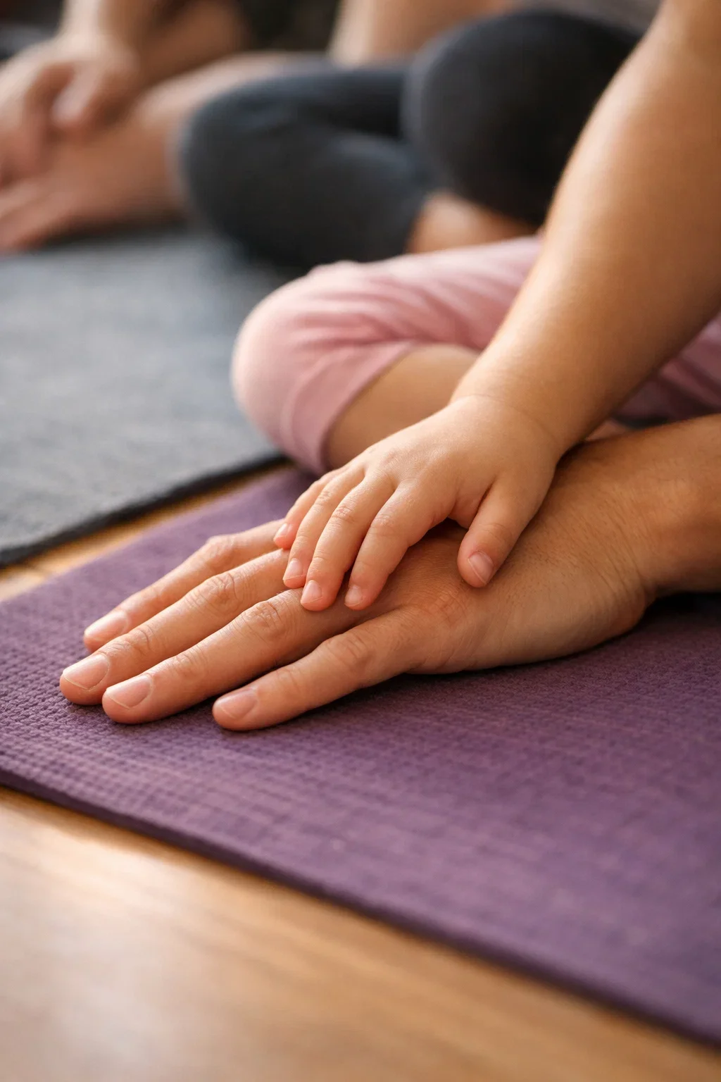 Child and parent connecting through touch during a family yoga and mindfulness class