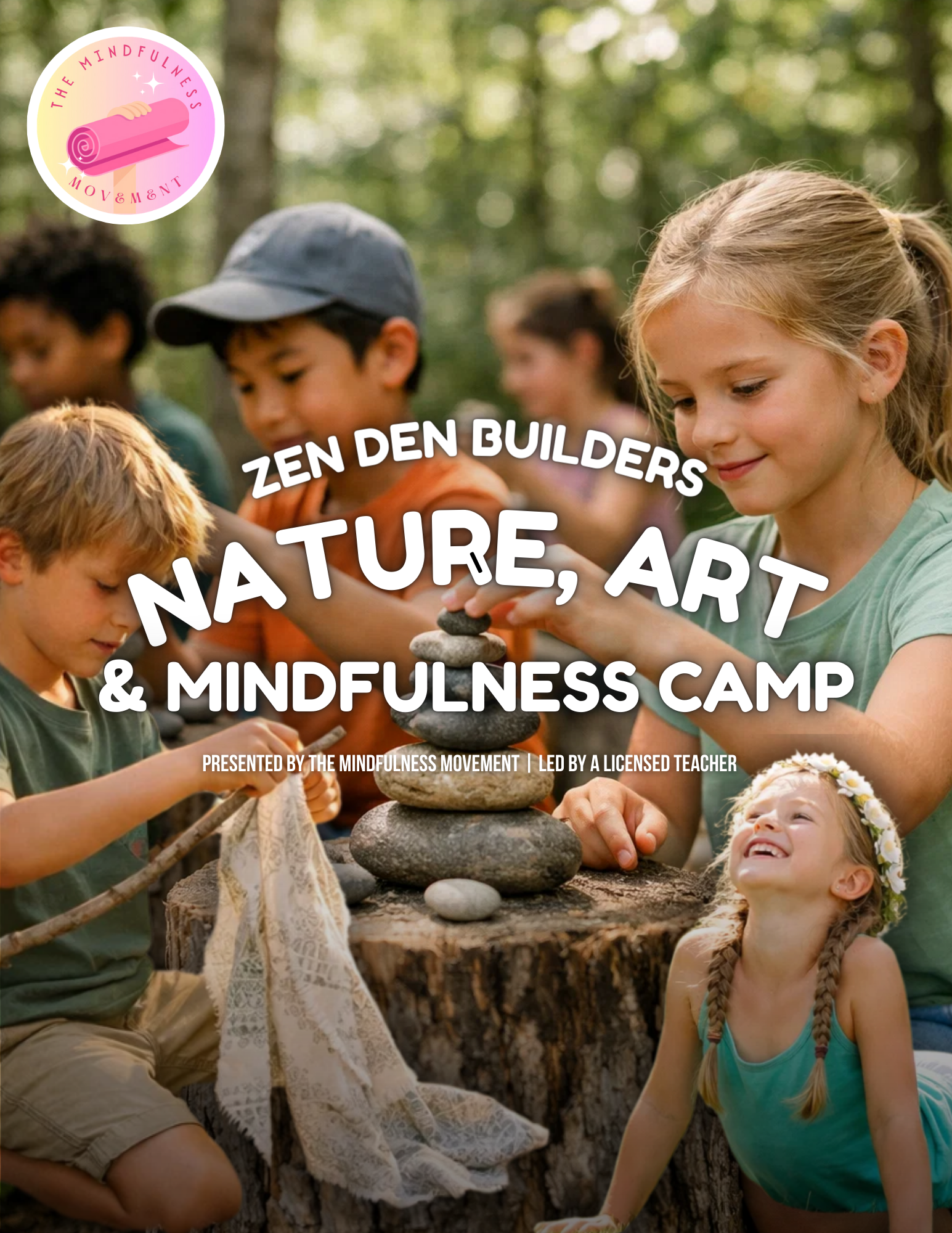 Elementary-aged children participating in a nature-based mindfulness summer camp in Minnesota, creating zen gardens with stones and natural materials during an outdoor kids summer camp in the Twin Cities.