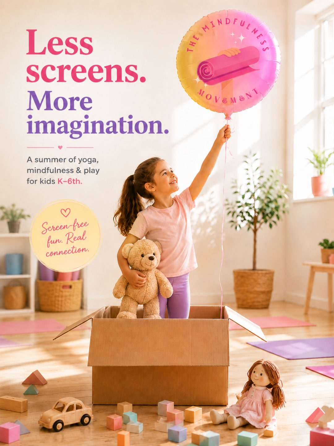 Imagination Takes Flight™ toy-inspired kids yoga and mindfulness camp flyer for New Brighton Community Center, Minnesota — June 10, screen-free summer camp for grades K–6