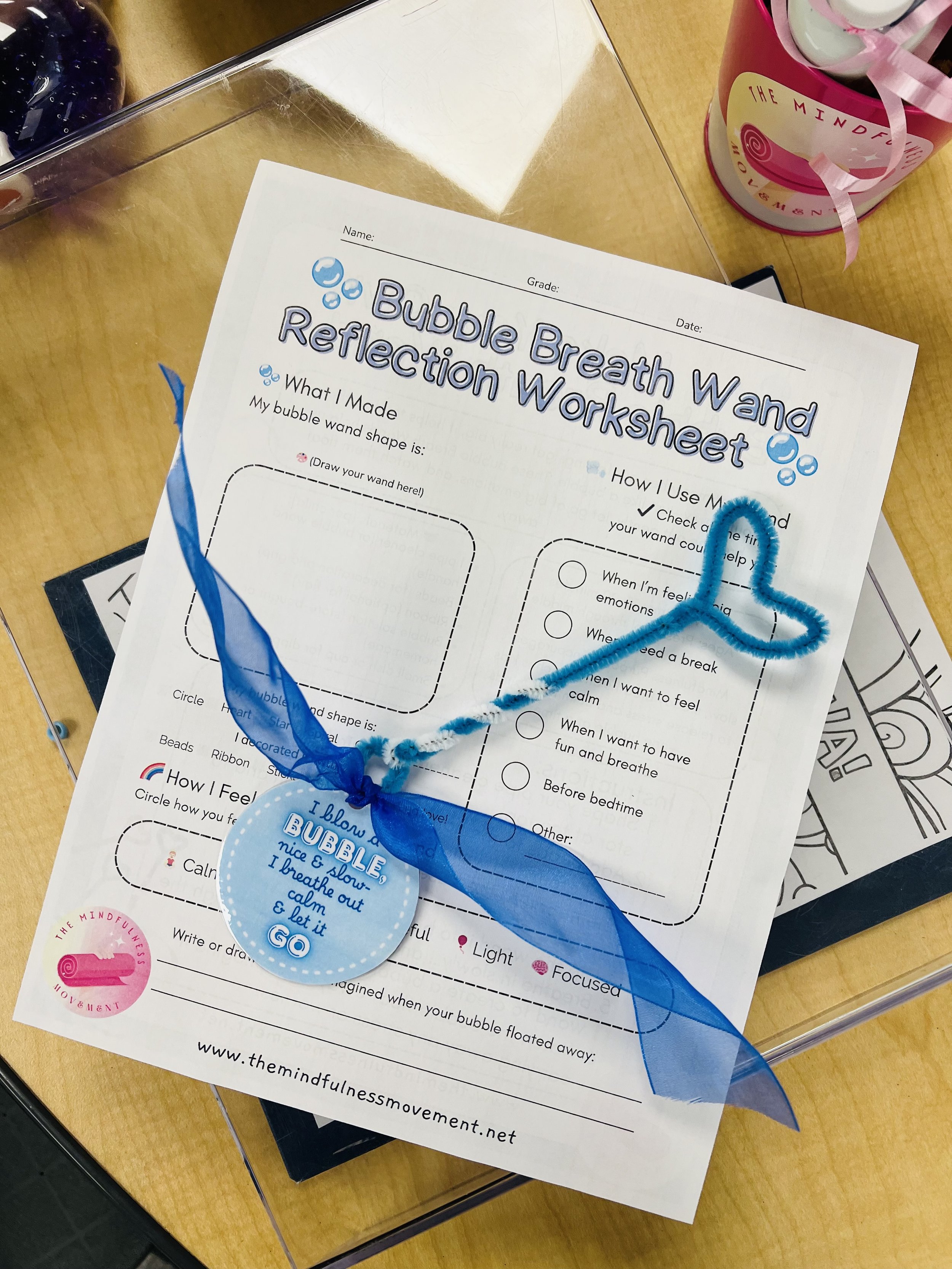 Bubble breathing wand and mindfulness journaling worksheet used in Make & Take Calming Creations emotional regulation class in Mounds View schools