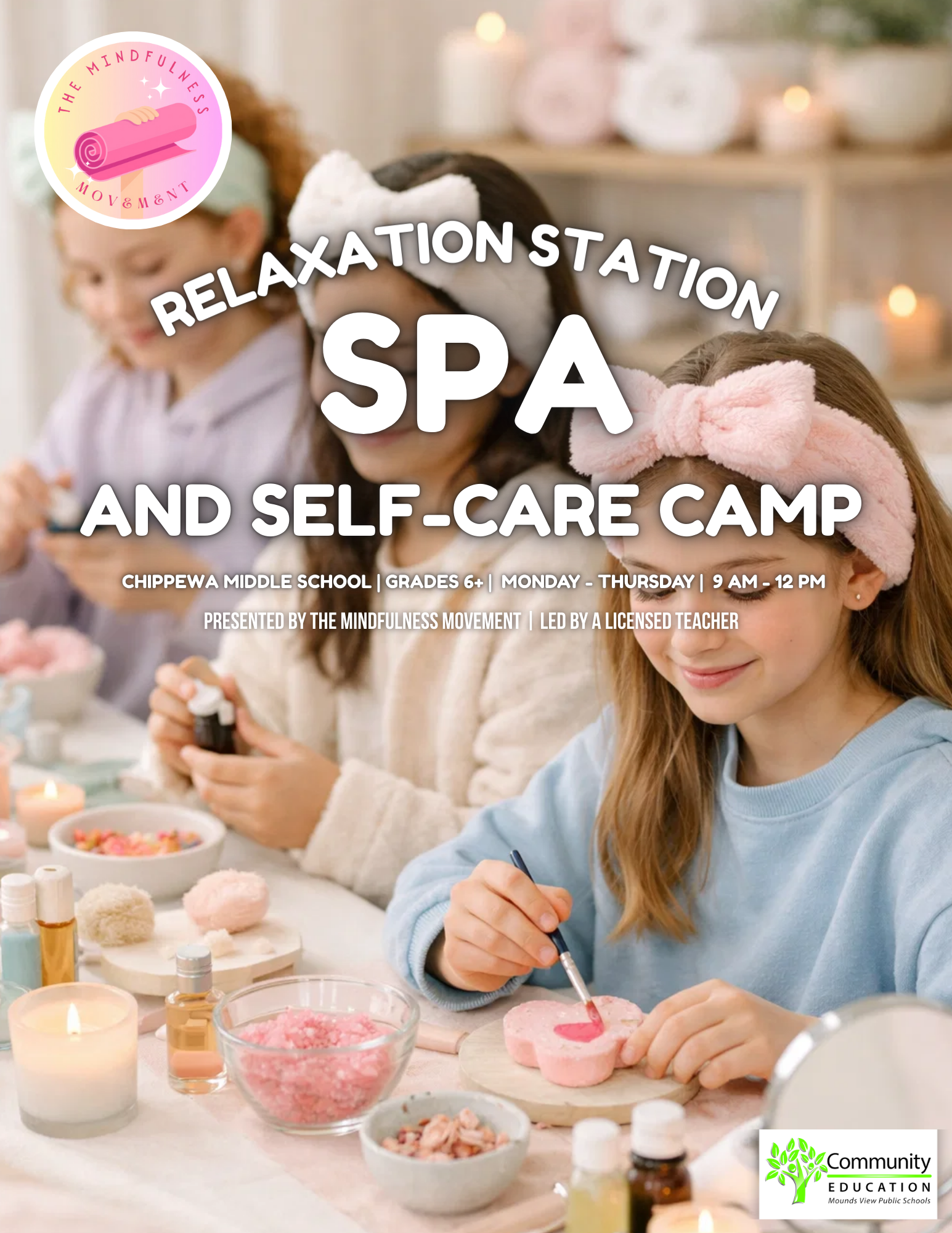 Spa-inspired self-care activities at a Minnesota summer camp for middle school students, designed to teach relaxation and mindfulness skills.