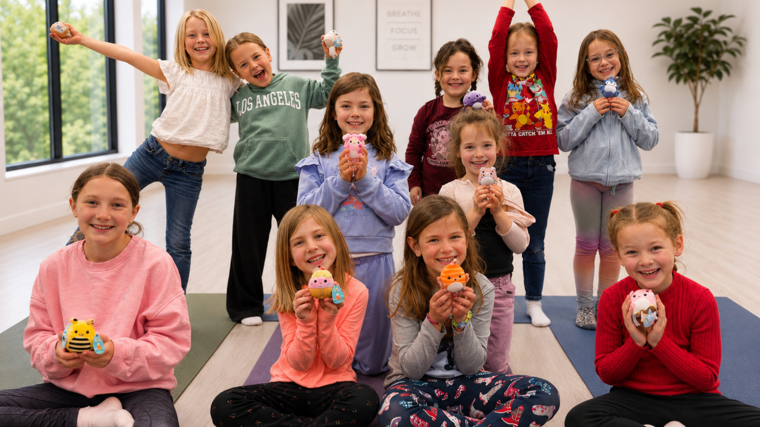 Group of kids sitting on yoga mats holding Squishmallows at a Pose & Play™ kids yoga retreat in New Brighton, MN hosted by The Mindfulness Movement