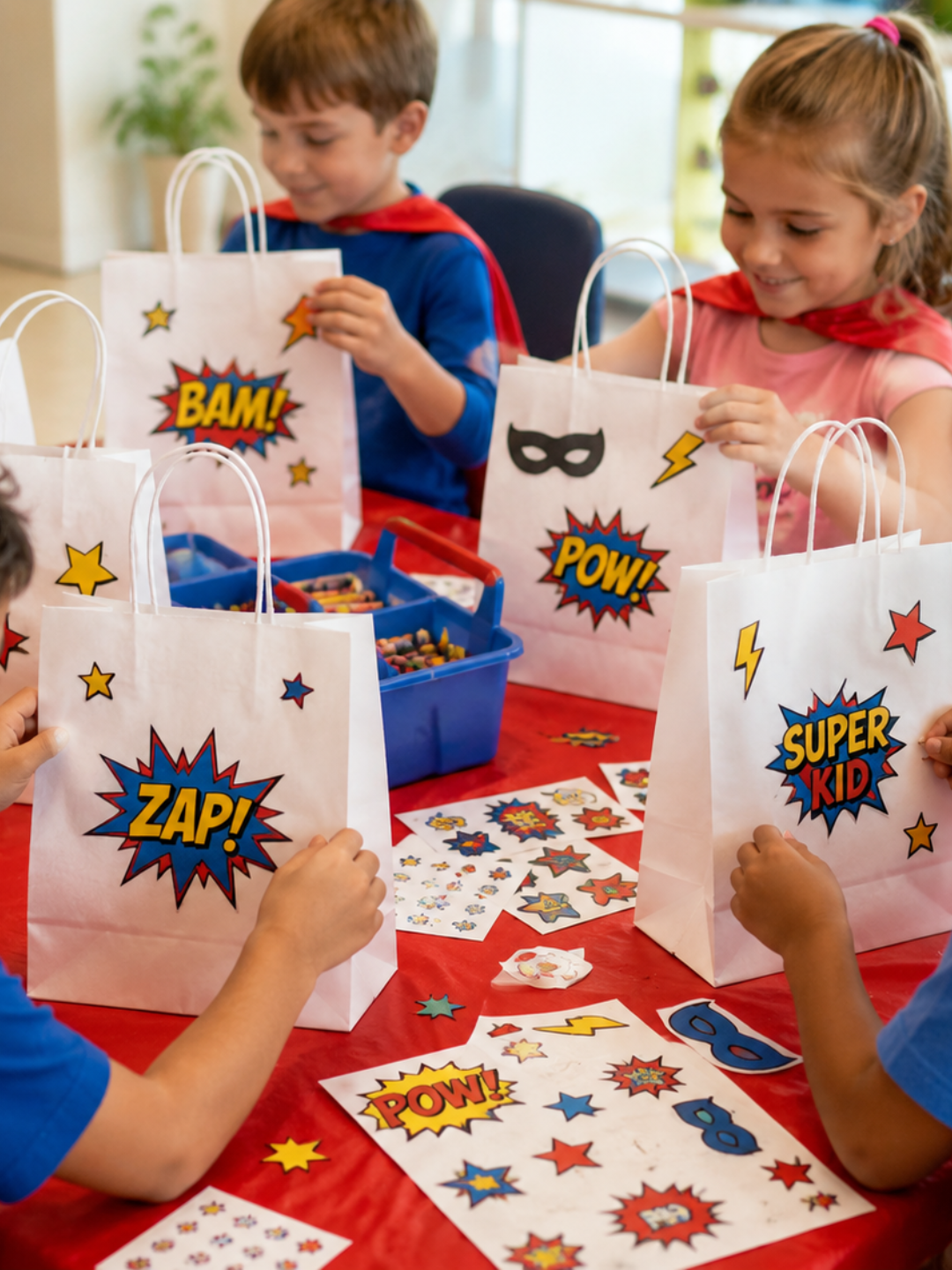 Kids in superhero capes decorating BAM, POW and Super Kid take-home goodie bags at Superpower Kids Camp™ in New Brighton, Minnesota