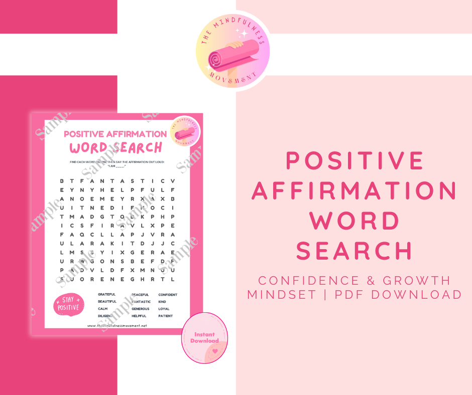 Positive affirmations word search printable PDF worksheet for kids to practice positive self-talk and growth mindset.