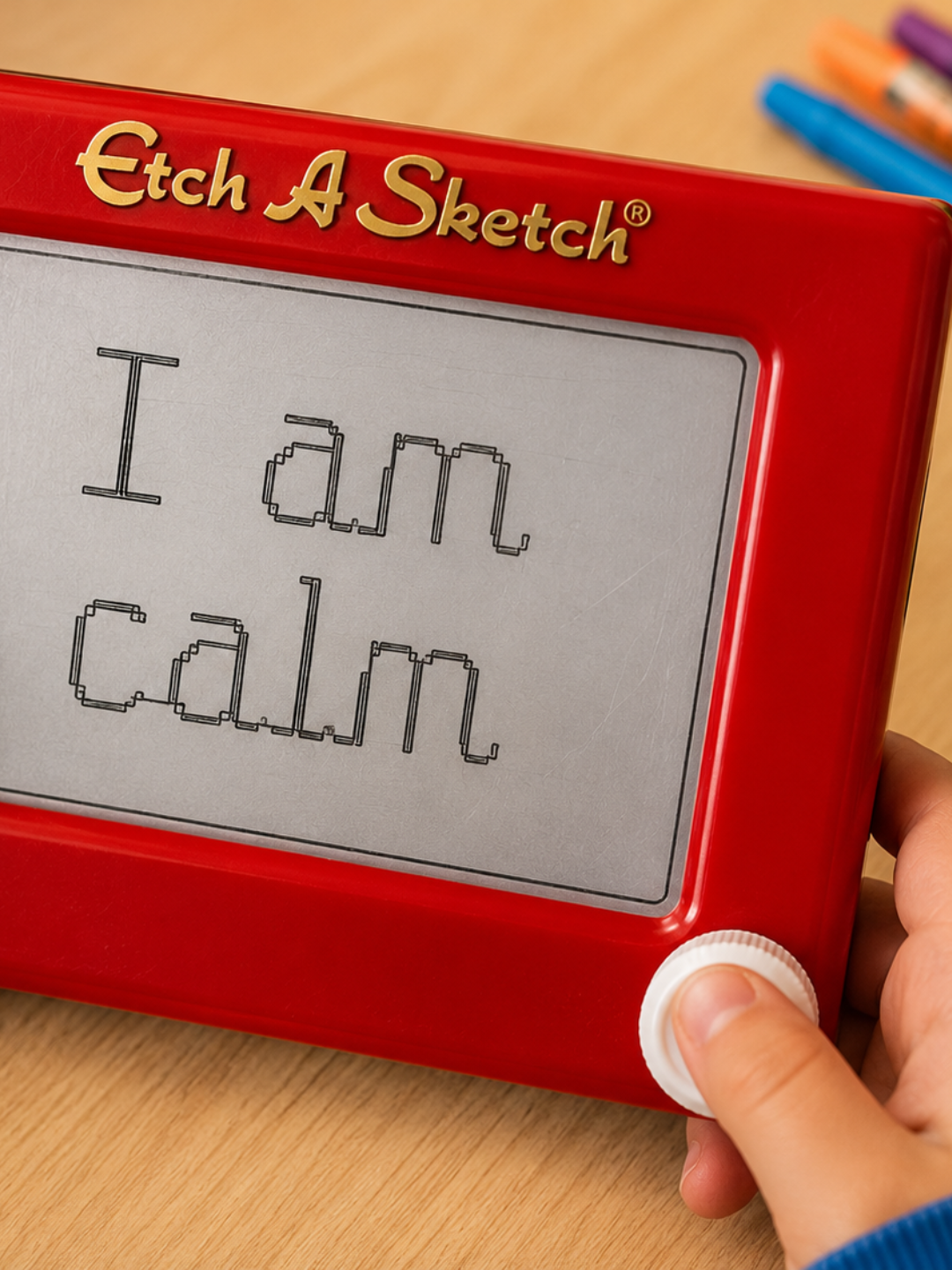 Child holding an Etch A Sketch displaying "I am calm" — a mindfulness affirmation activity at Imagination Takes Flight™ kids yoga camp in New Brighton, Minnesota