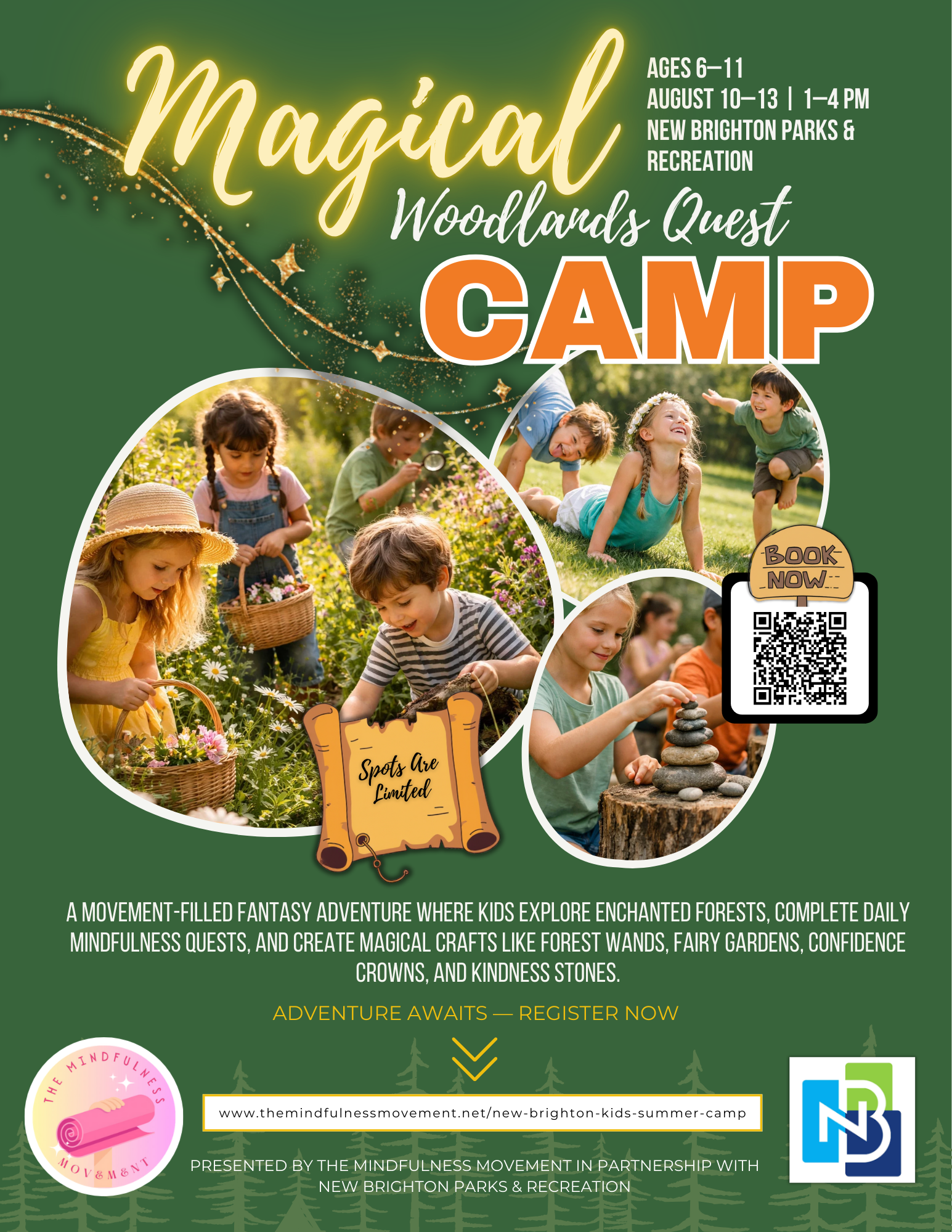 Kids enjoying a magical woodland-themed summer camp in New Brighton Minnesota focused on movement, mindfulness, and outdoor play