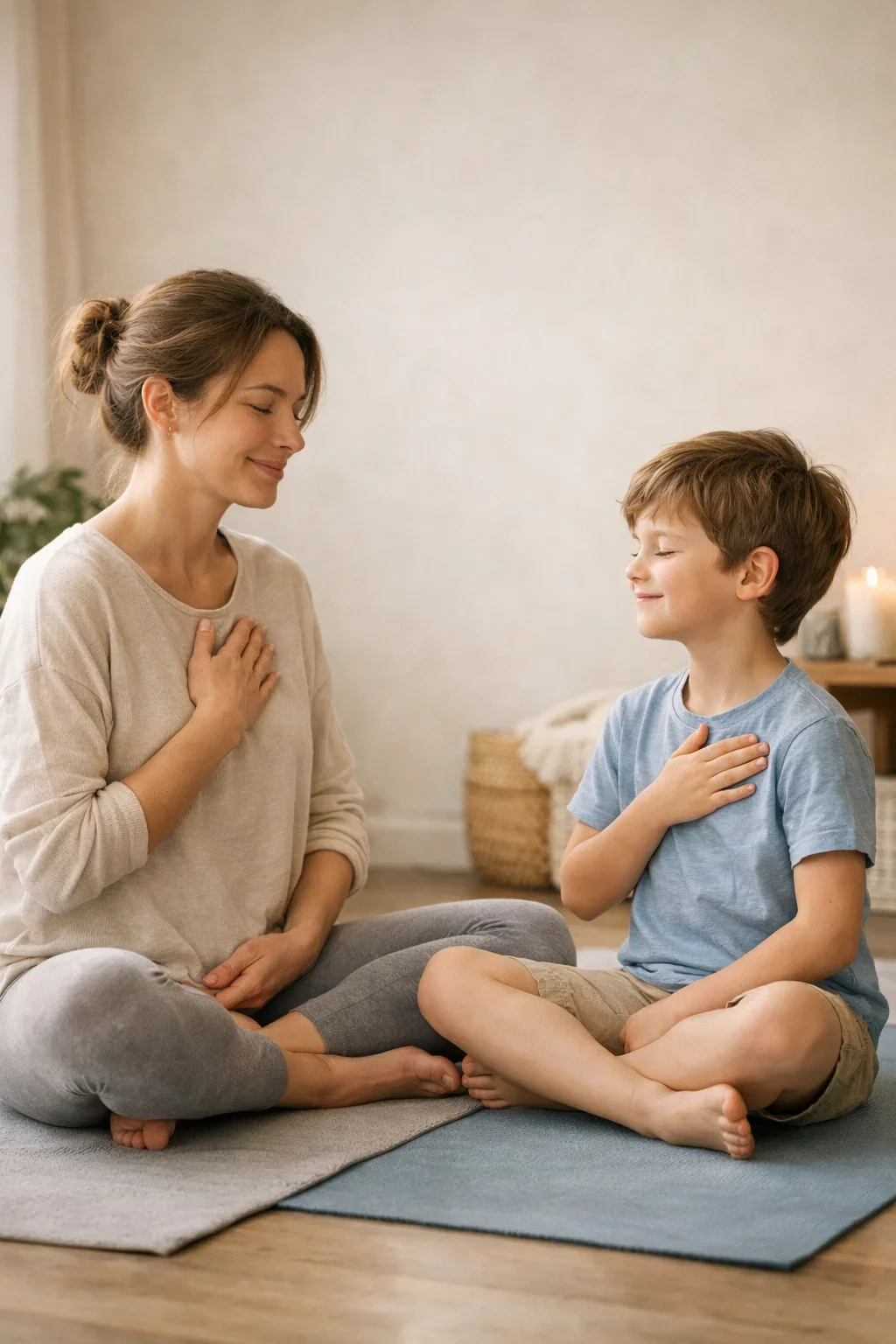 Family yoga relaxation moment with parents and children resting peacefully on yoga mats