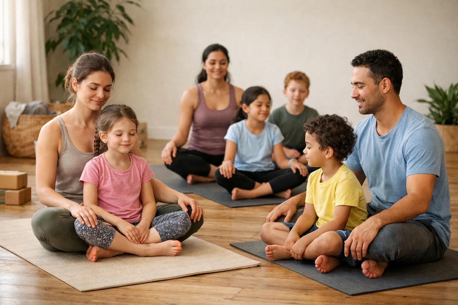 Parents and children practicing gentle family yoga poses together in a kids mindfulness workshop designed to support emotional regulation and connection.