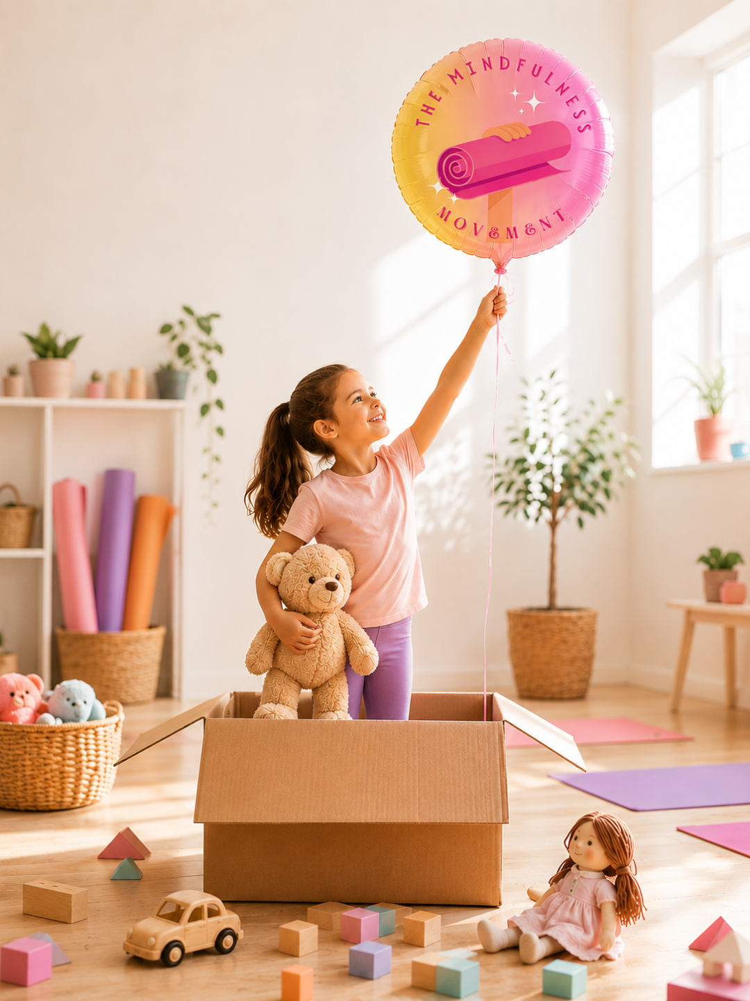 Girl in a cardboard box holding a Mindfulness Movement branded balloon and teddy bear at Imagination Takes Flight™ — a toy-inspired kids yoga camp in New Brighton, MN