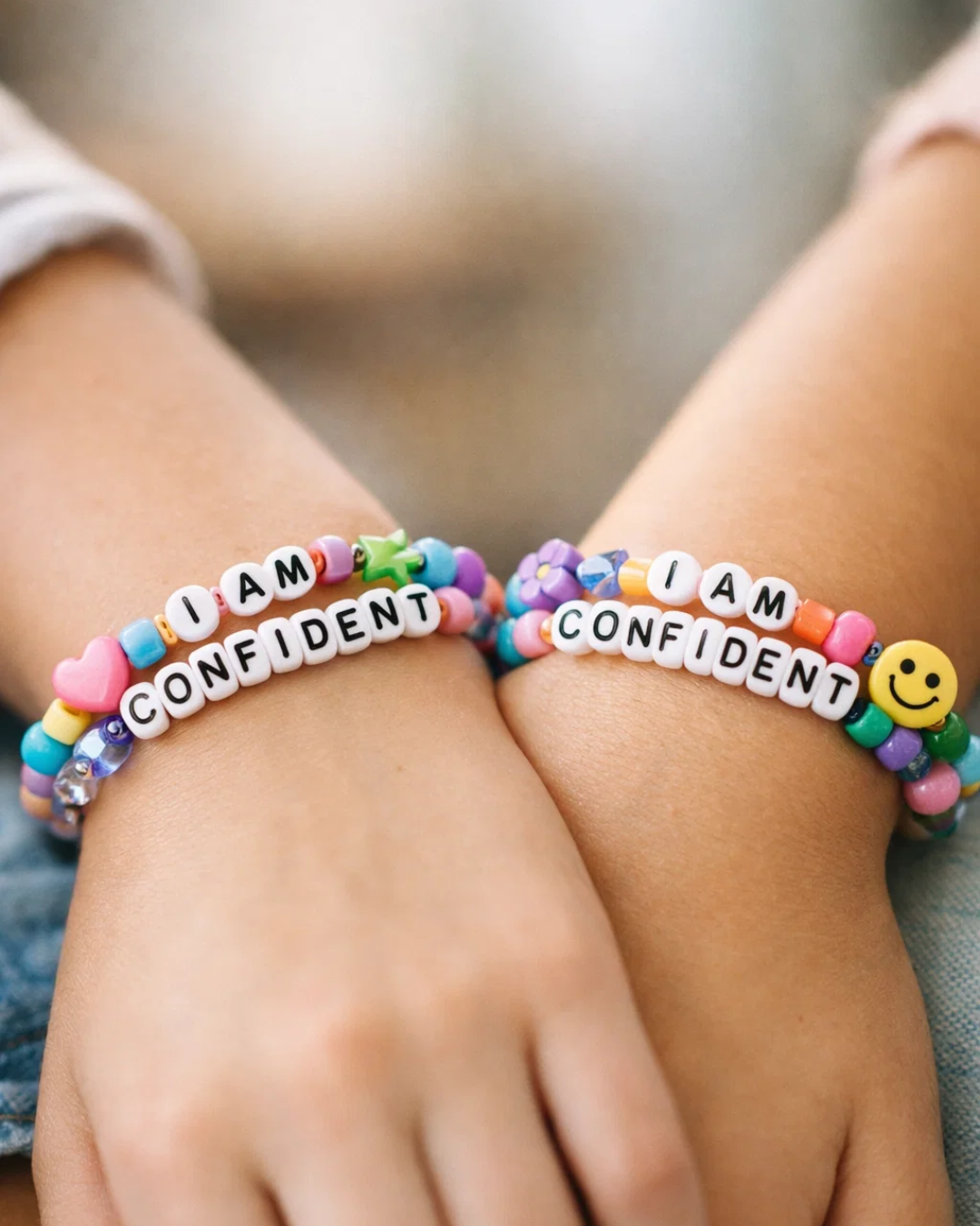 Close-up of “I Am Confident” letter bead bracelet made by child at boutique Roseville MN mindfulness summer camp.
