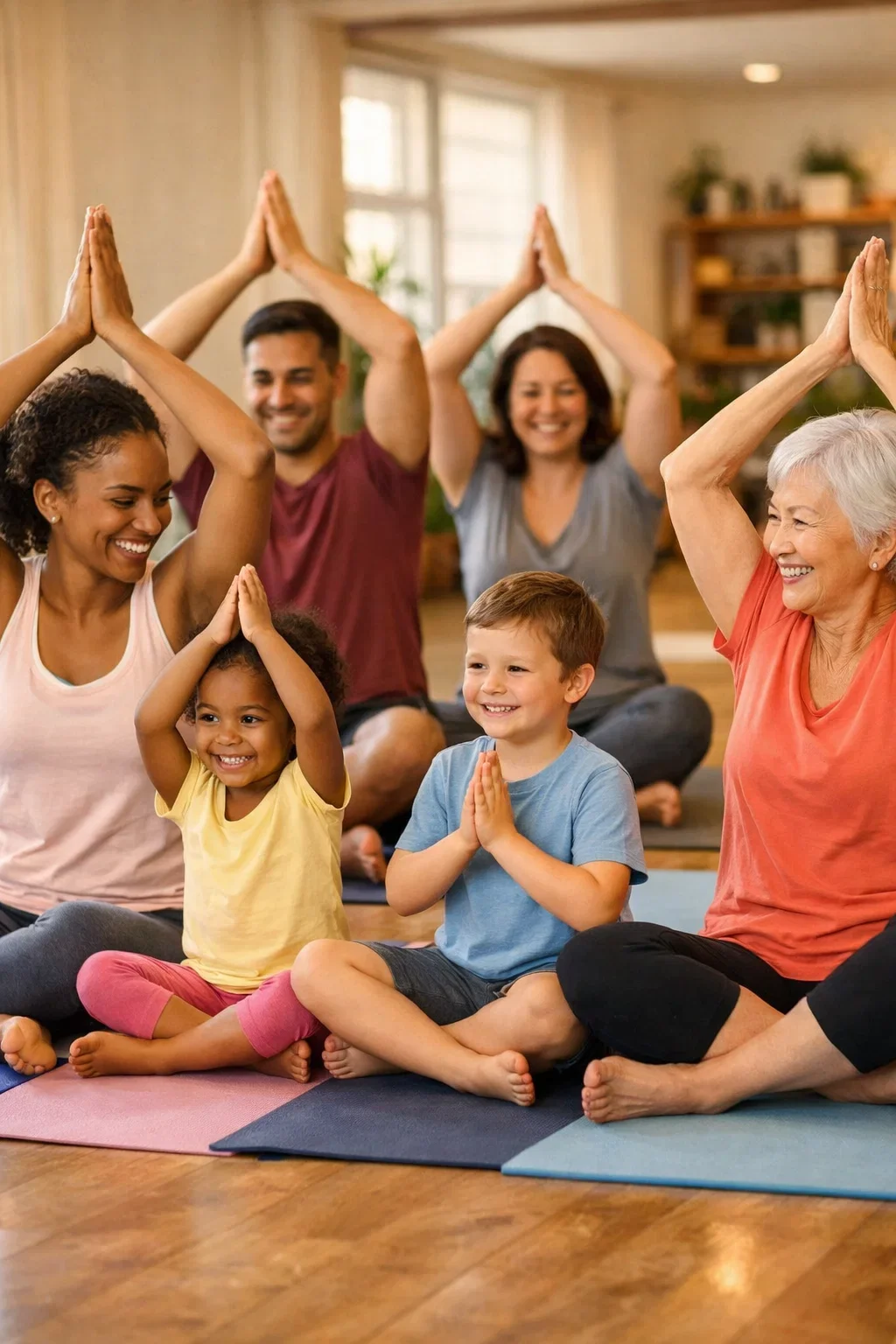 Multigenerational family yoga class with children, parents, and grandparents participating together