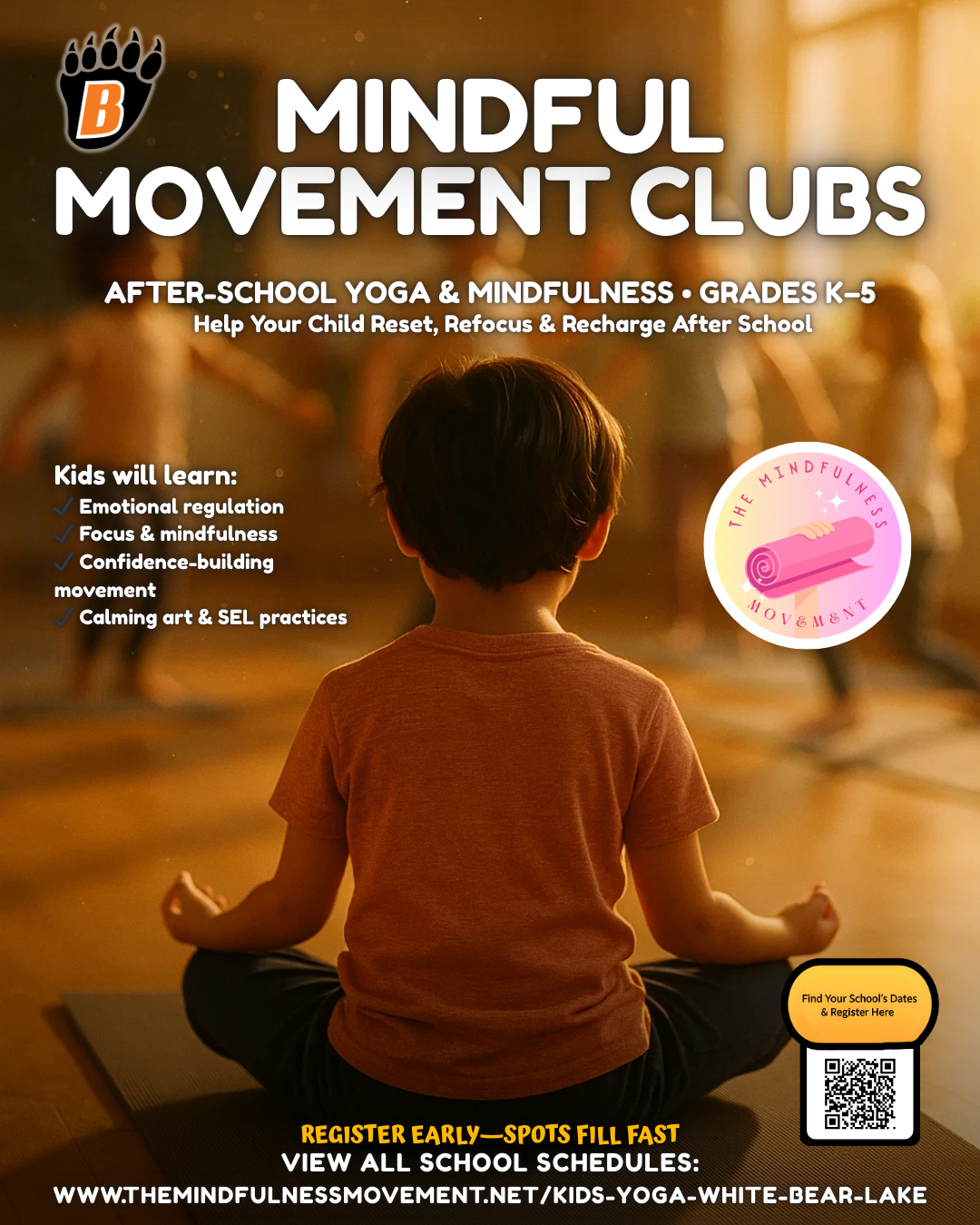 Kids yoga and mindfulness classes in White Bear Lake MN after school enrichment program flyer