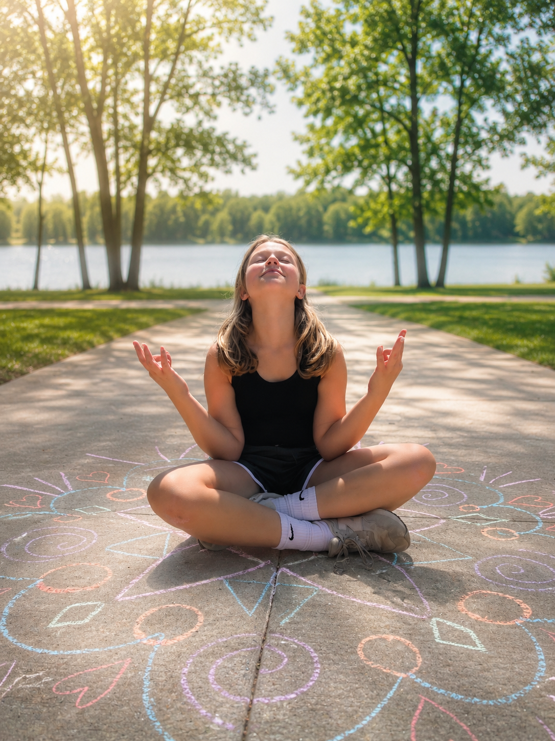 Middle school girl meditating in lotus pose on a colorful chalk mandala outdoors near a lake at Zen Zone Mindfulness Camp in Mounds View MN