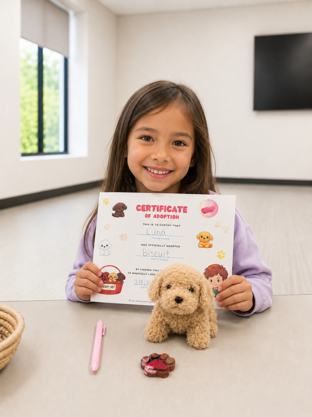 Girl proudly holding her Certificate of Adoption and stuffed puppy at a Pose & Play™ kids yoga retreat in New Brighton, MN