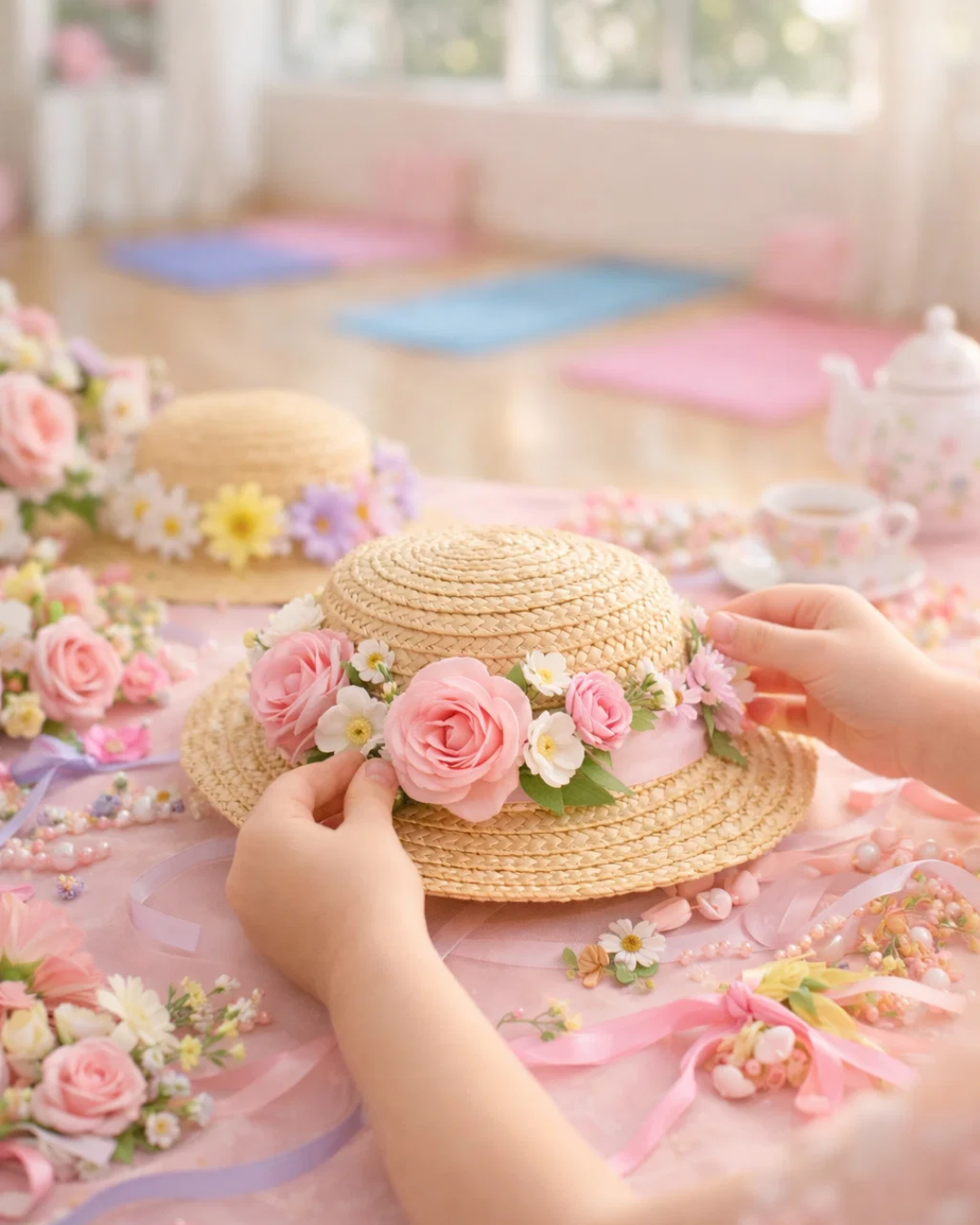 Child decorating a flower crown hat craft during a Teddy Bear Tea Party themed kids yoga retreat activity.