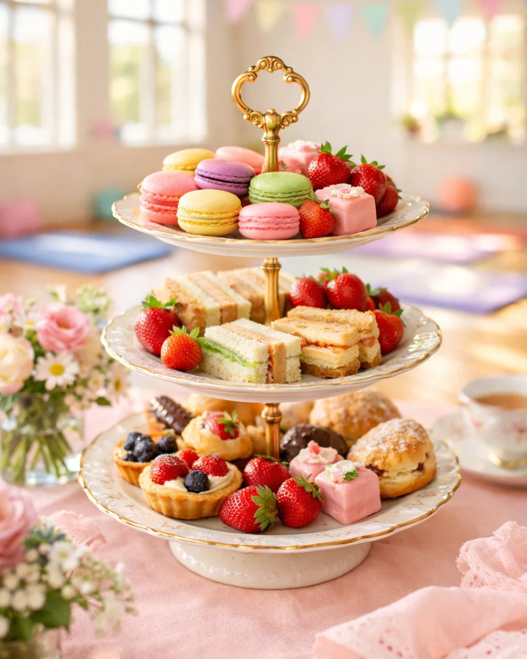 Elegant tea party snack table with desserts and strawberries prepared for a Teddy Bear Tea Party kids yoga retreat.