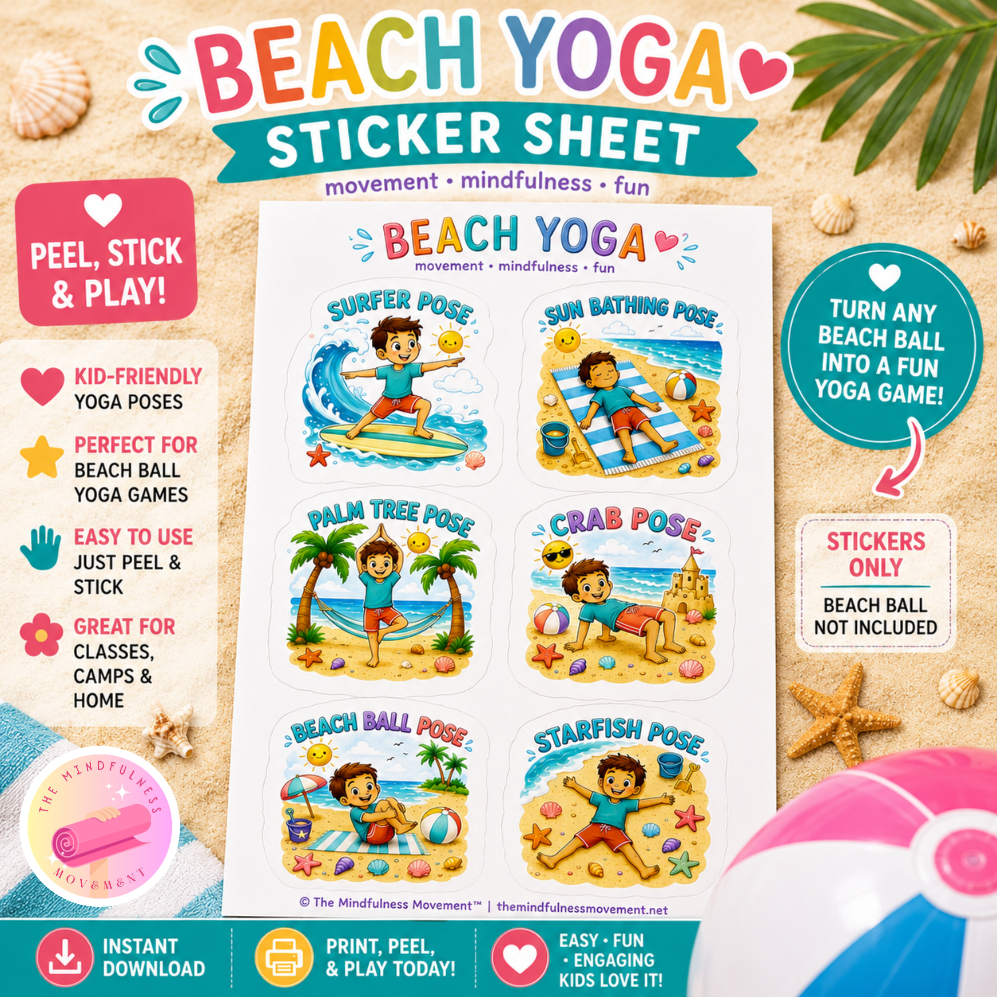 Beach Ball Yoga™ Sticker Sheet for Kids | Peel & Stick Yoga Pose Stickers for Beach Ball Game, Kids Yoga Class, Summer Camp Activity Add-On