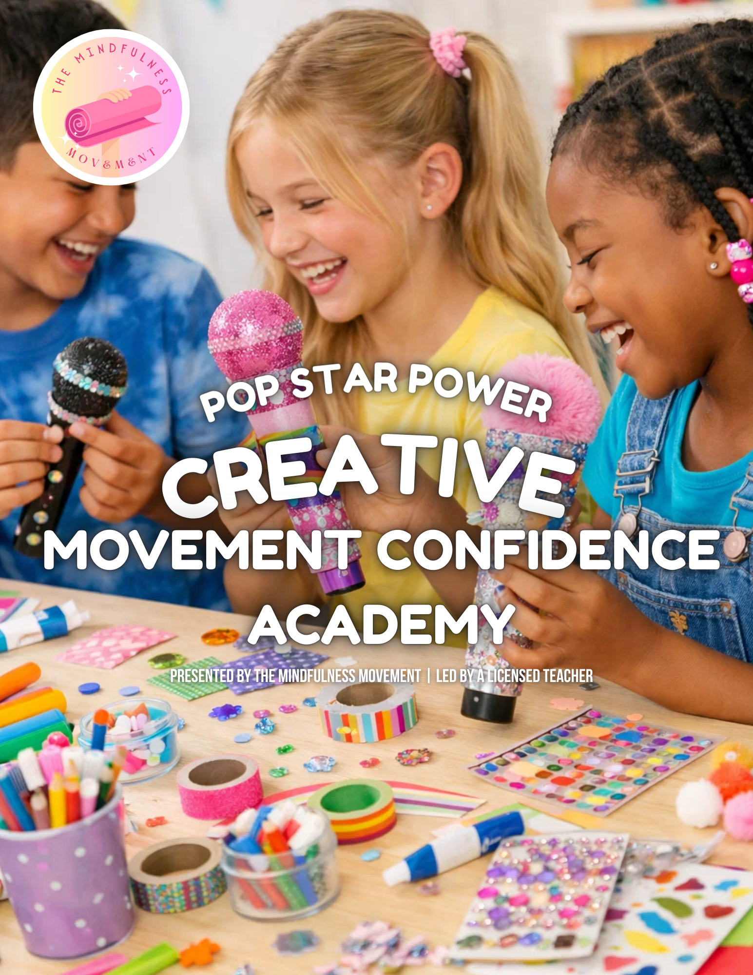 Children participating in a creative movement and confidence-building summer camp in Minnesota, combining dance-inspired movement and yoga.