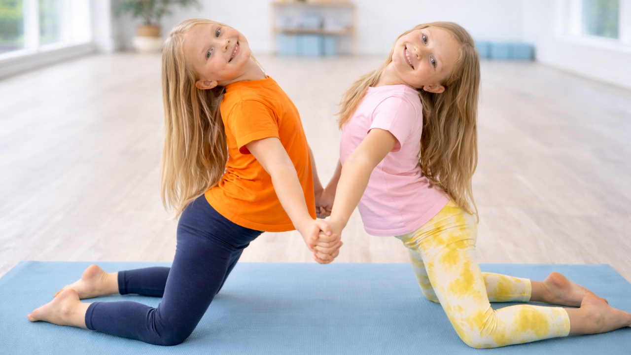 Two elementary school children practicing partner yoga during a kids yoga class in New Brighton Minnesota