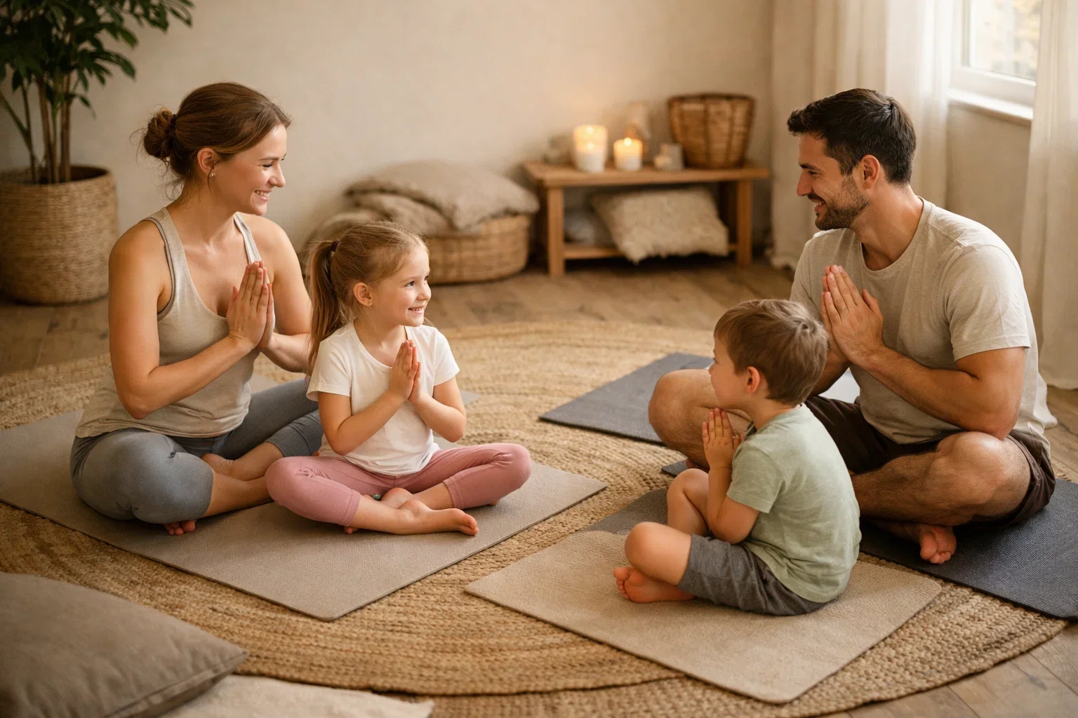 Private family yoga class with parents and children practicing together