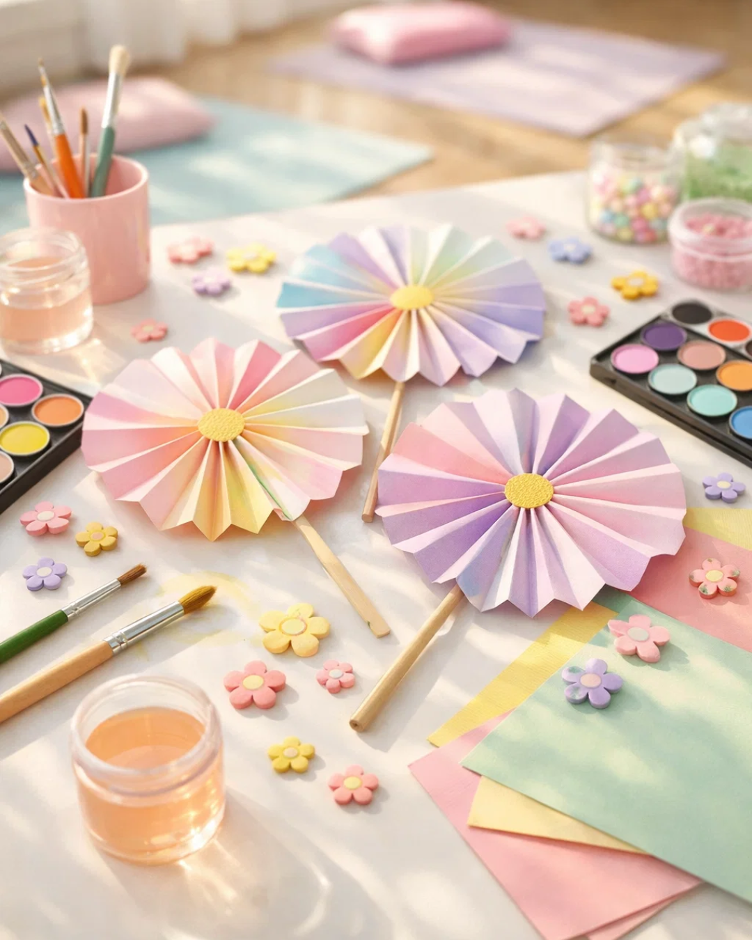 Colorful paper parasol craft activity created during a teddy bear tea party themed kids yoga retreat in Minnesota.