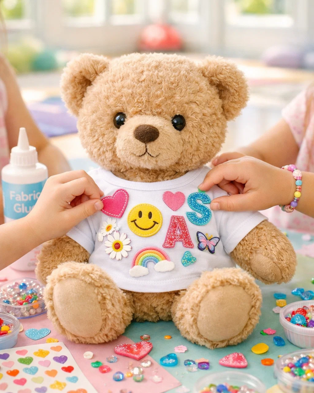 Child decorating a teddy bear shirt with colorful patches during a creative craft activity at a kids yoga retreat.