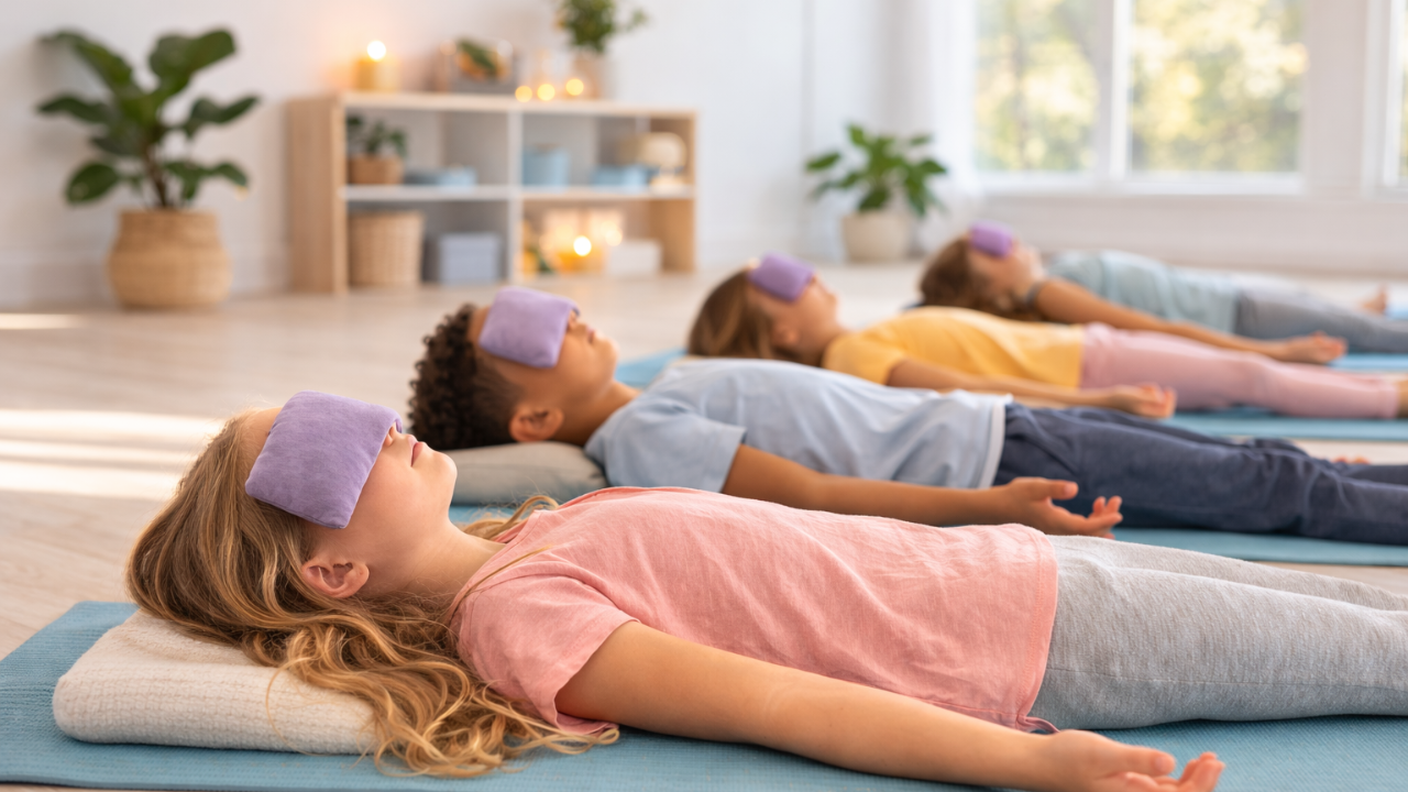 Children relaxing during guided relaxation with lavender eye pillows at a kids yoga and mindfulness class in New Brighton Minnesota