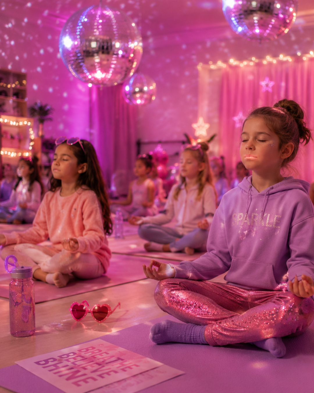 Group of elementary age girls meditating on yoga mats under disco balls at Pop Star Power mindfulness summer camp in Minnesota