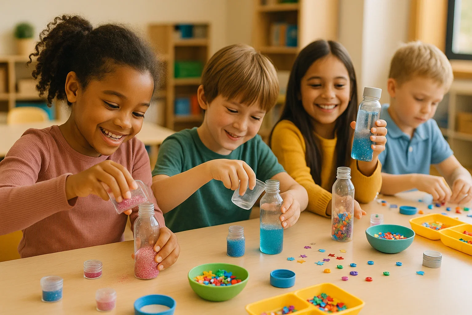 Overhead view of calming sensory craft projects created during kids mindfulness class